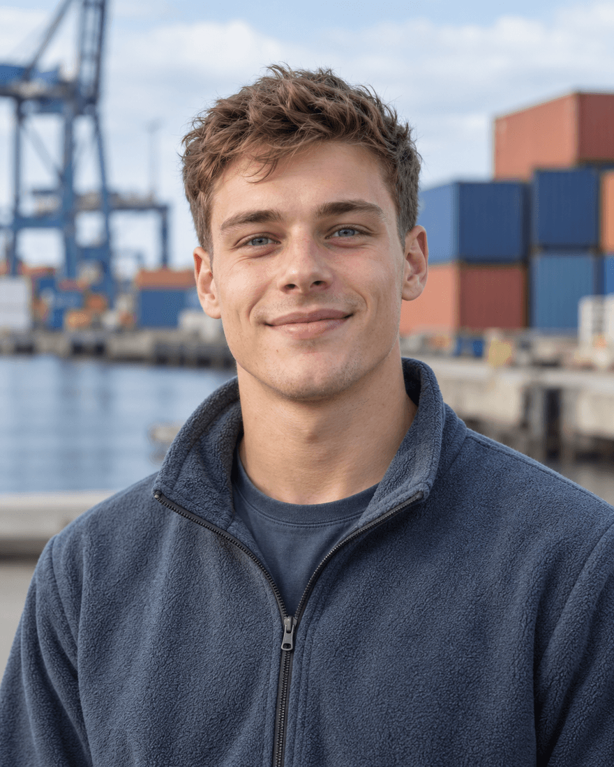Bewerbungsfoto eines jungen Mannes von etwa zwanzig Jahren mit kurzen hellbraunen Haaren in graublauer Fleecejacke ohne Logo vor einem unscharfen Hafenlager mit gestapelten Containern, offen und freundlich