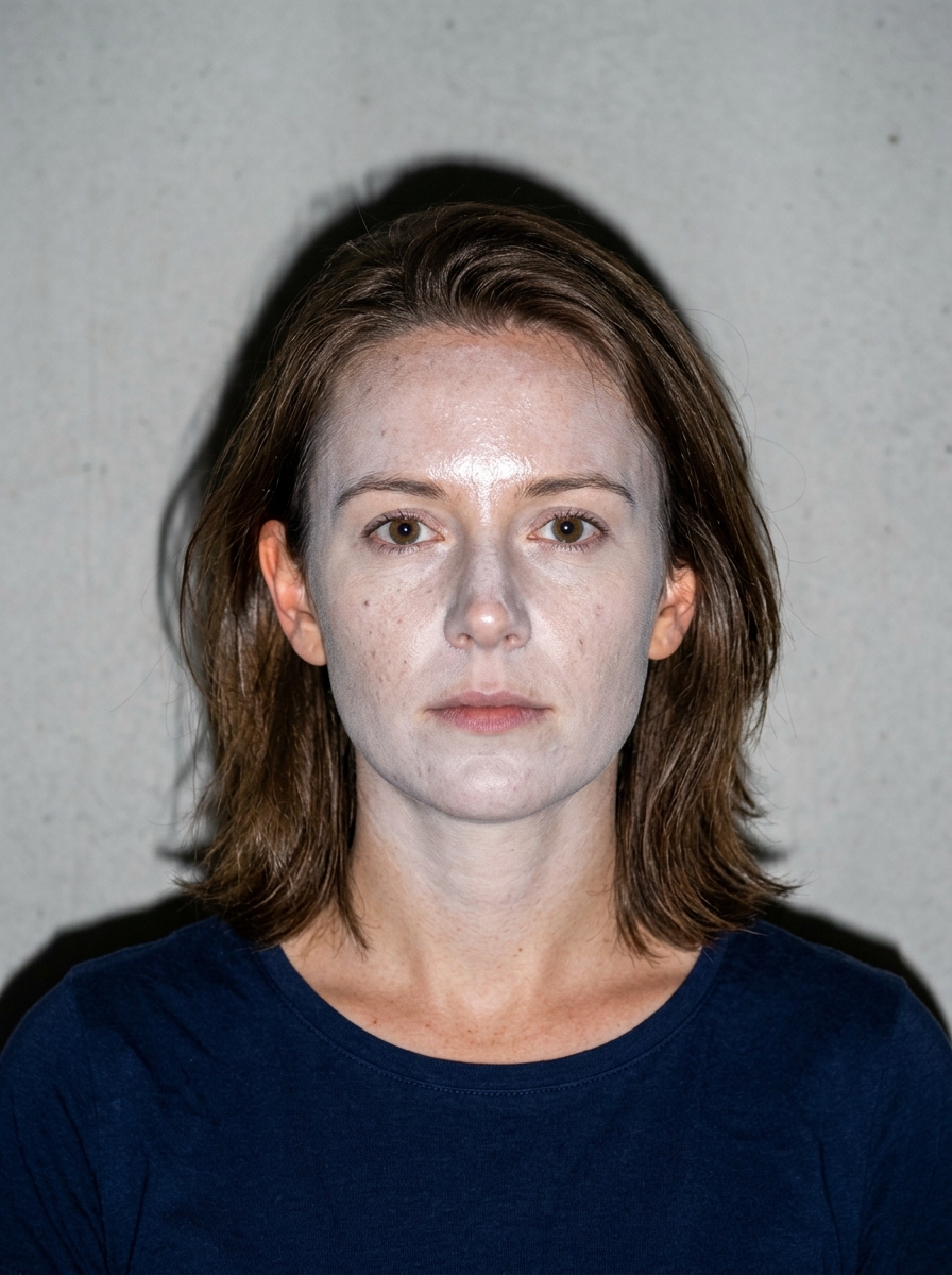 Bewerbungsfoto mit direktem Handyblitz, blasses Gesicht mit grauem Schleier und hartem Schlagschatten hinter dem Kopf