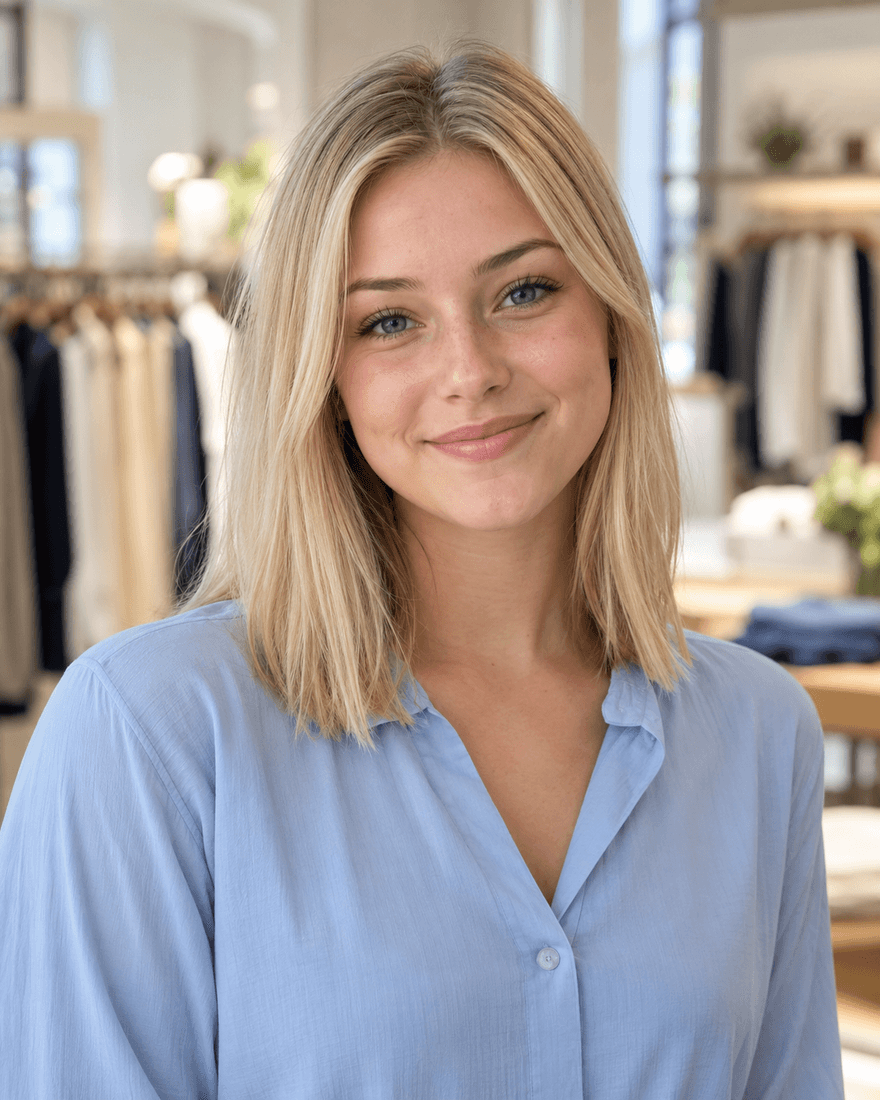 Bewerbungsfoto einer jungen Frau von etwa neunzehn Jahren mit glattem blondem schulterlangem Haar in hellblauer Bluse vor einem unscharfen hellen Ladengeschäft mit Kleiderständern, mit warmem Lächeln