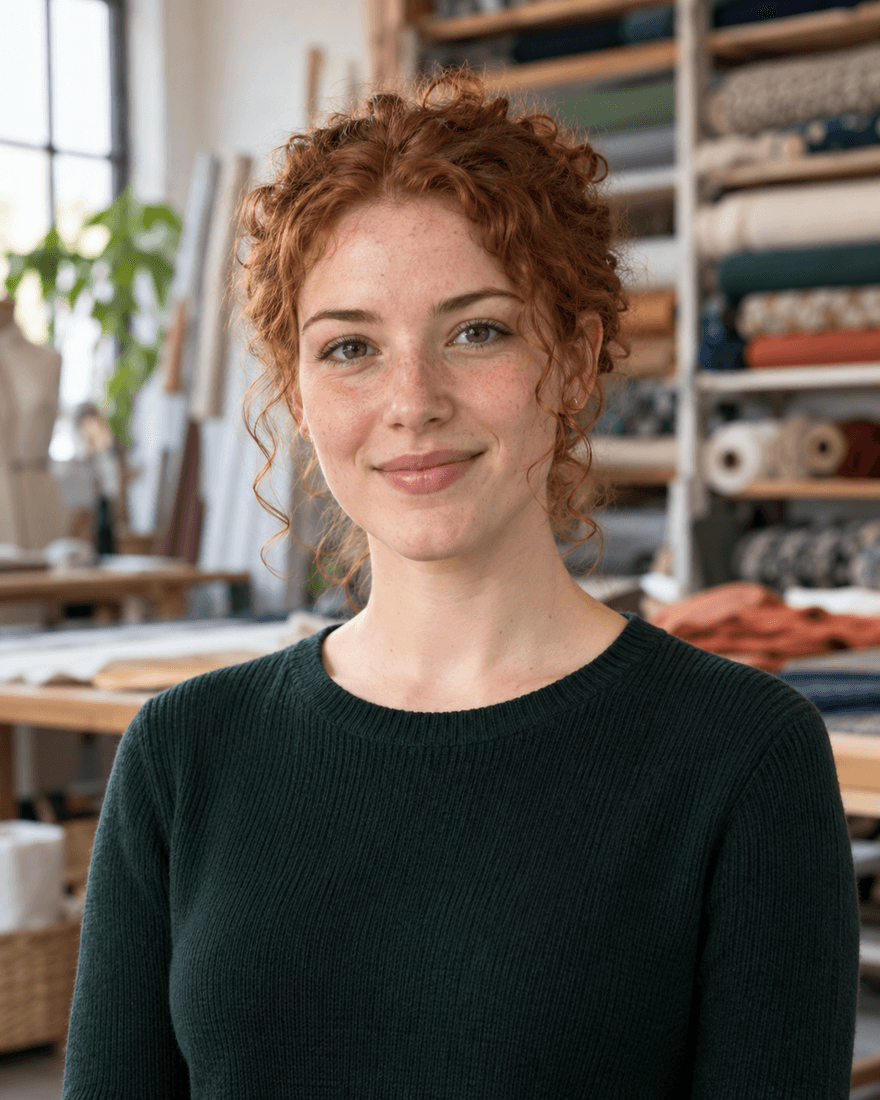 Bewerbungsfoto einer Frau von etwa dreiundzwanzig Jahren mit lockigem rotbraunem Haar in dunkelgrünem Strickoberteil vor einer unscharfen Textilwerkstatt mit Stoffrollen im Regal