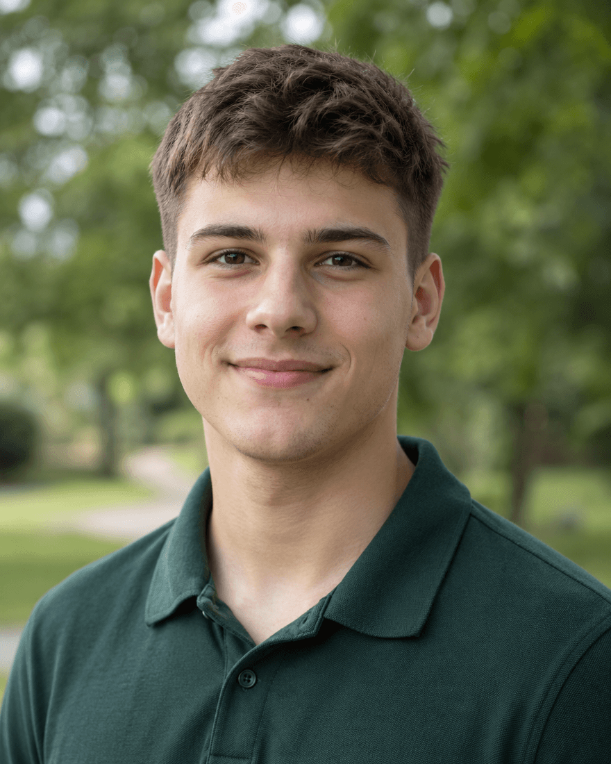 Junger Mann um die neunzehn mit kurzem braunem Haar im dunkelgrünen Poloshirt draußen vor unscharfen grünen Bäumen im weichen, bedeckten Tageslicht