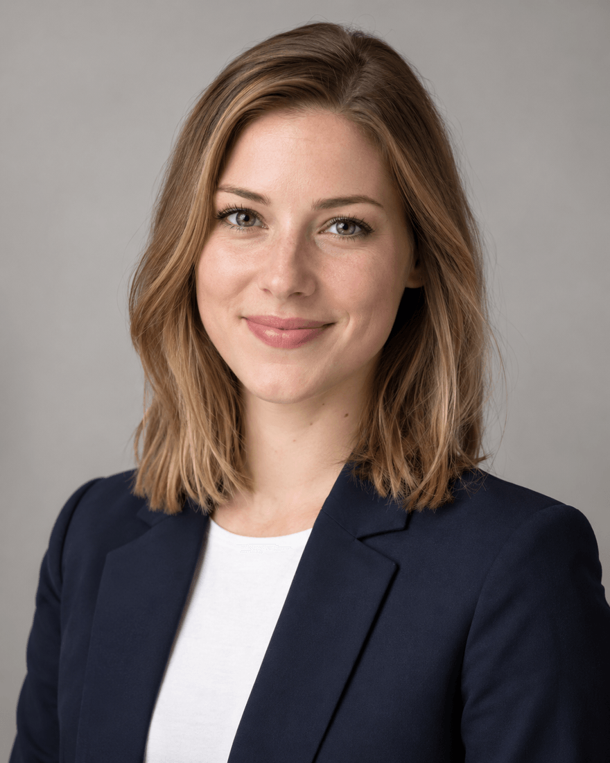 Frau um die sechsundzwanzig mit schulterlangem dunkelblondem Haar im dunkelblauen Blazer über weißem Oberteil vor einer schlichten warmgrauen Studiowand, ruhiges freundliches Lächeln