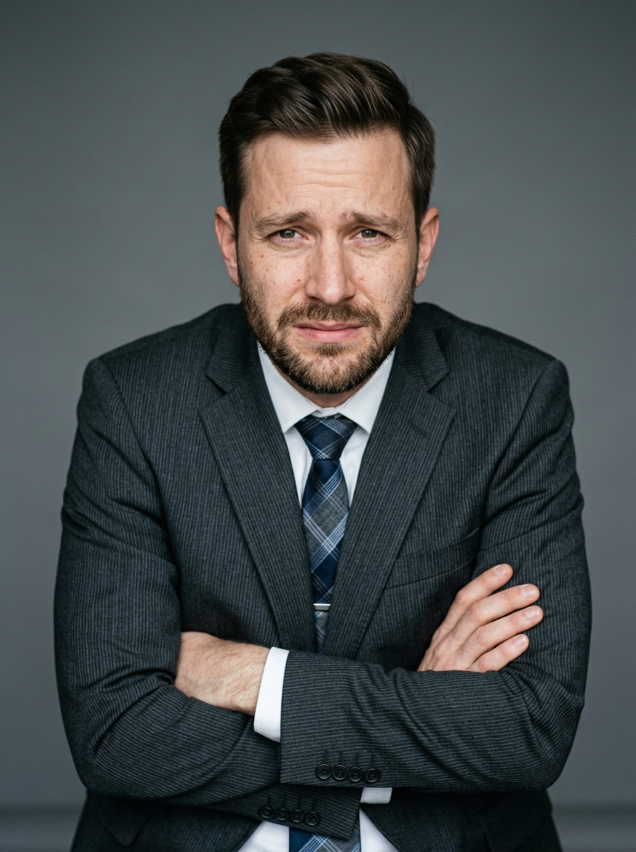 Beispiel für eine falsche Bewerbungsfoto-Pose: verschränkte Arme, stocksteife Frontalhaltung, hochgezogene Schultern