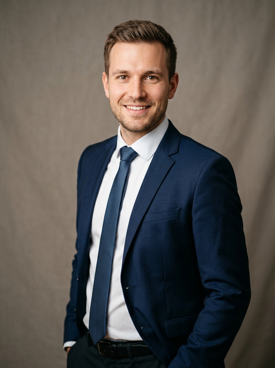 Beispiel für eine richtige Bewerbungsfoto-Pose: Oberkörper leicht gedreht, eine Hand locker in der Hosentasche, entspannte offene Schultern