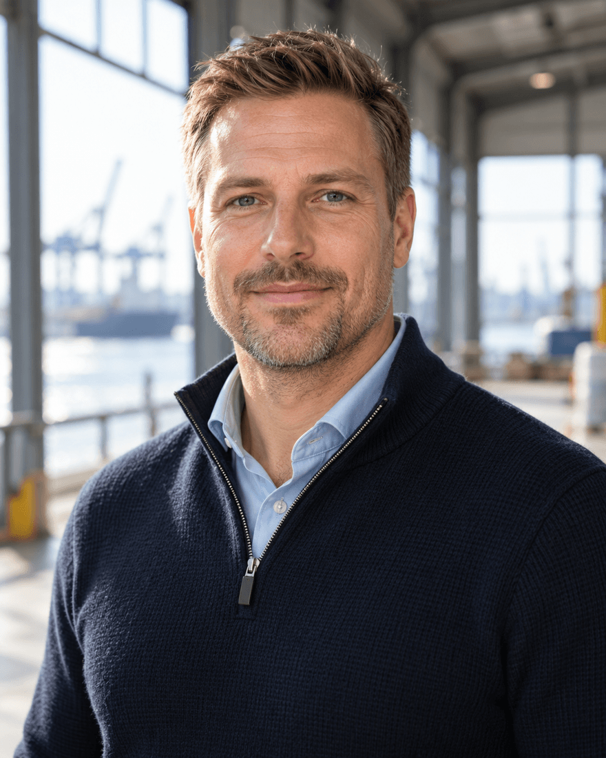 Mann um die einundvierzig mit kurzem dunkelblondem Haar und leichtem Bartschatten in marineblauem Strickpullover über hellblauem Hemd, im Hintergrund unscharf eine helle Hafenhalle mit Blick auf Kräne