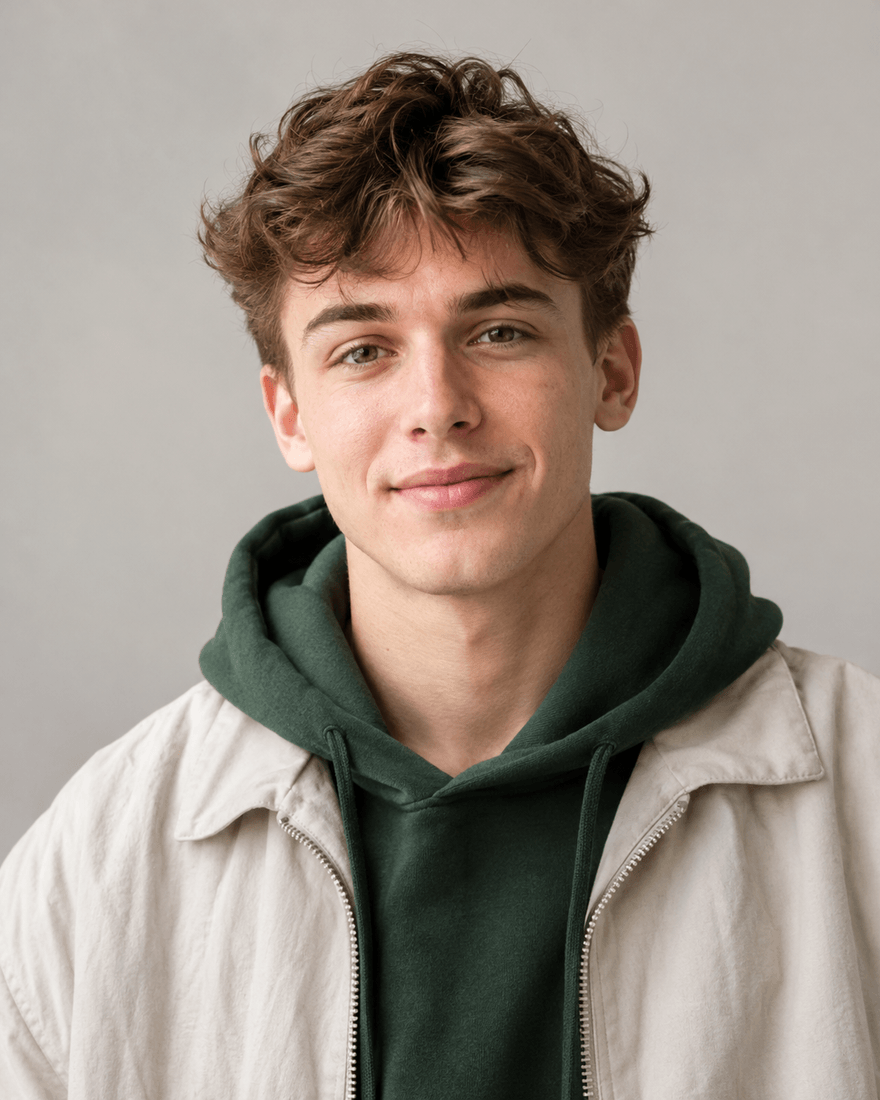 Junger Mann um die neunzehn mit kurzem welligem hellbraunem Haar und waldgrünem Kapuzenpullover unter offener heller Jacke vor hellgrauer Wand, entspannter neugieriger Blick