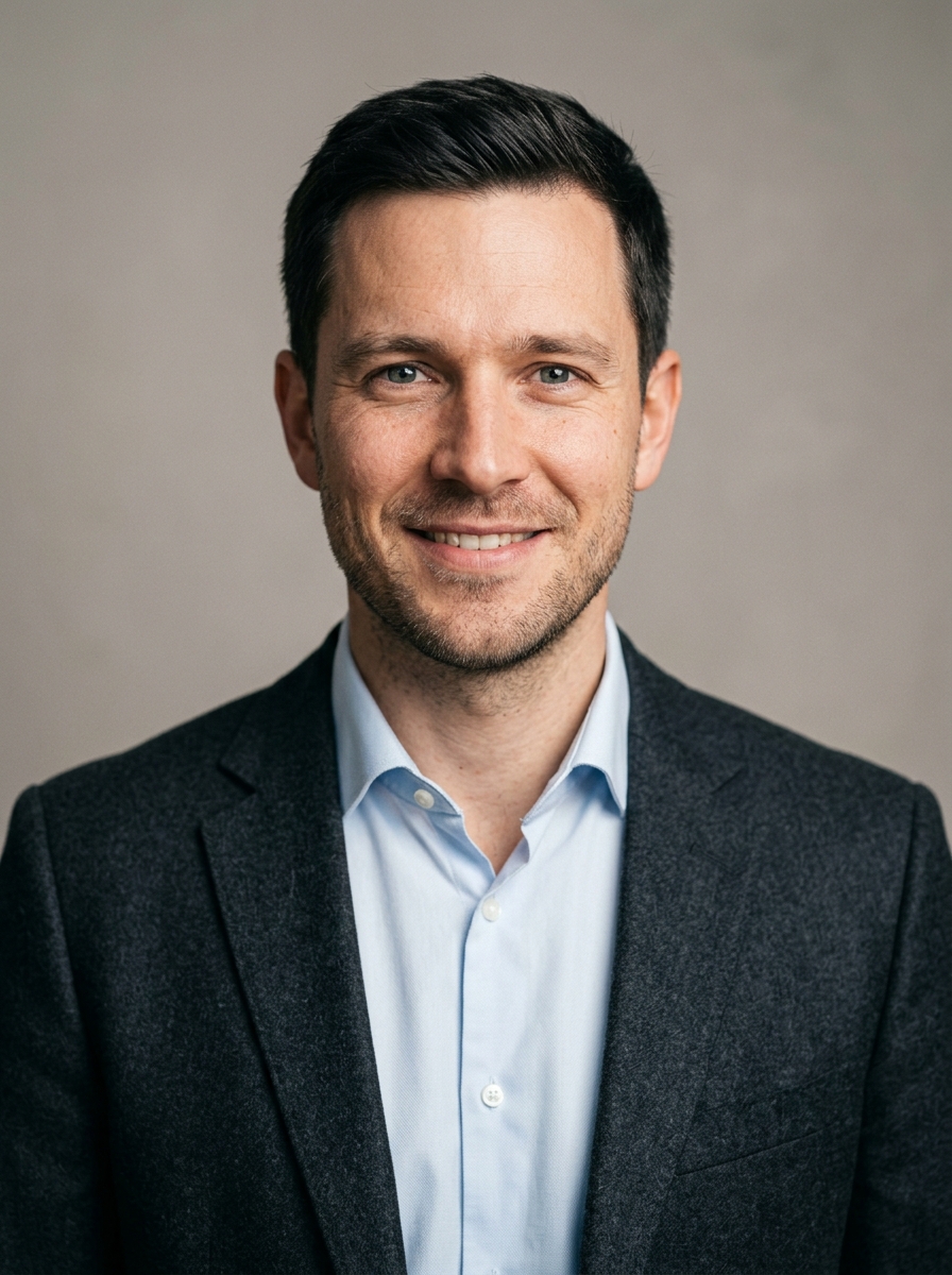 Gutes Bewerbungsfoto: Mann im Blazer mit direktem Blick, weichem Seitenlicht und neutralem Hintergrund