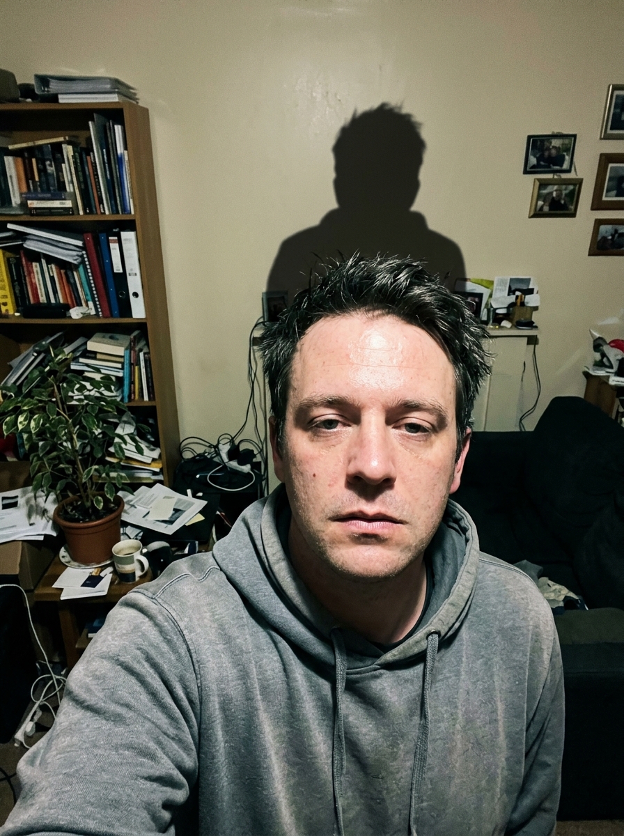 Schlechtes Bewerbungsfoto: Mann im Hoodie vor unruhigem Wohnzimmer mit hartem Blitzschatten