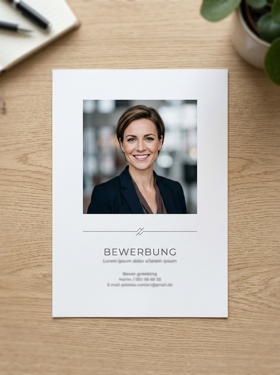 Bewerbungsdeckblatt mit mittig platziertem, größerem Bewerbungsfoto