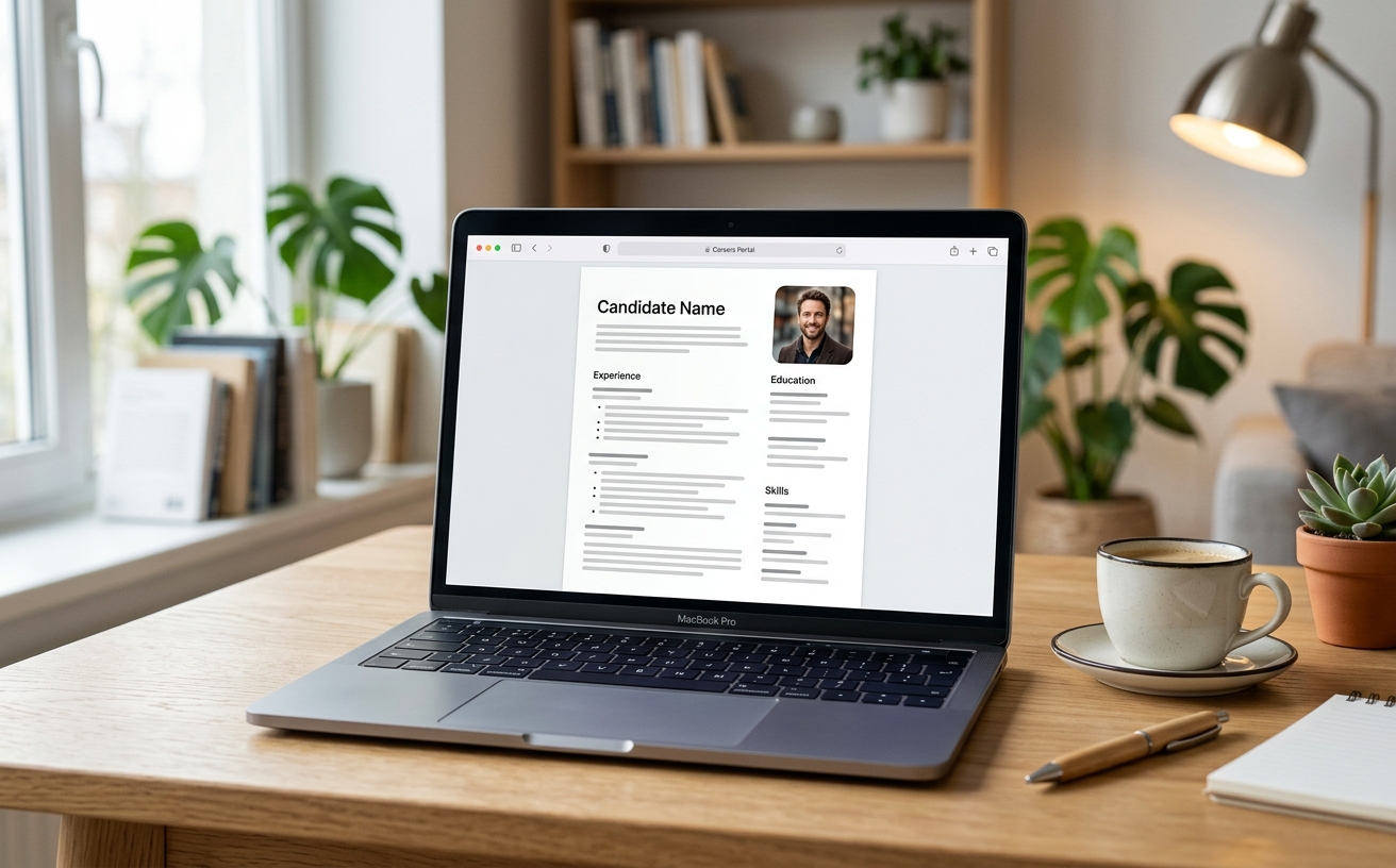 Online-Bewerbung am Laptop mit Lebenslauf als PDF und Bewerbungsfoto oben rechts