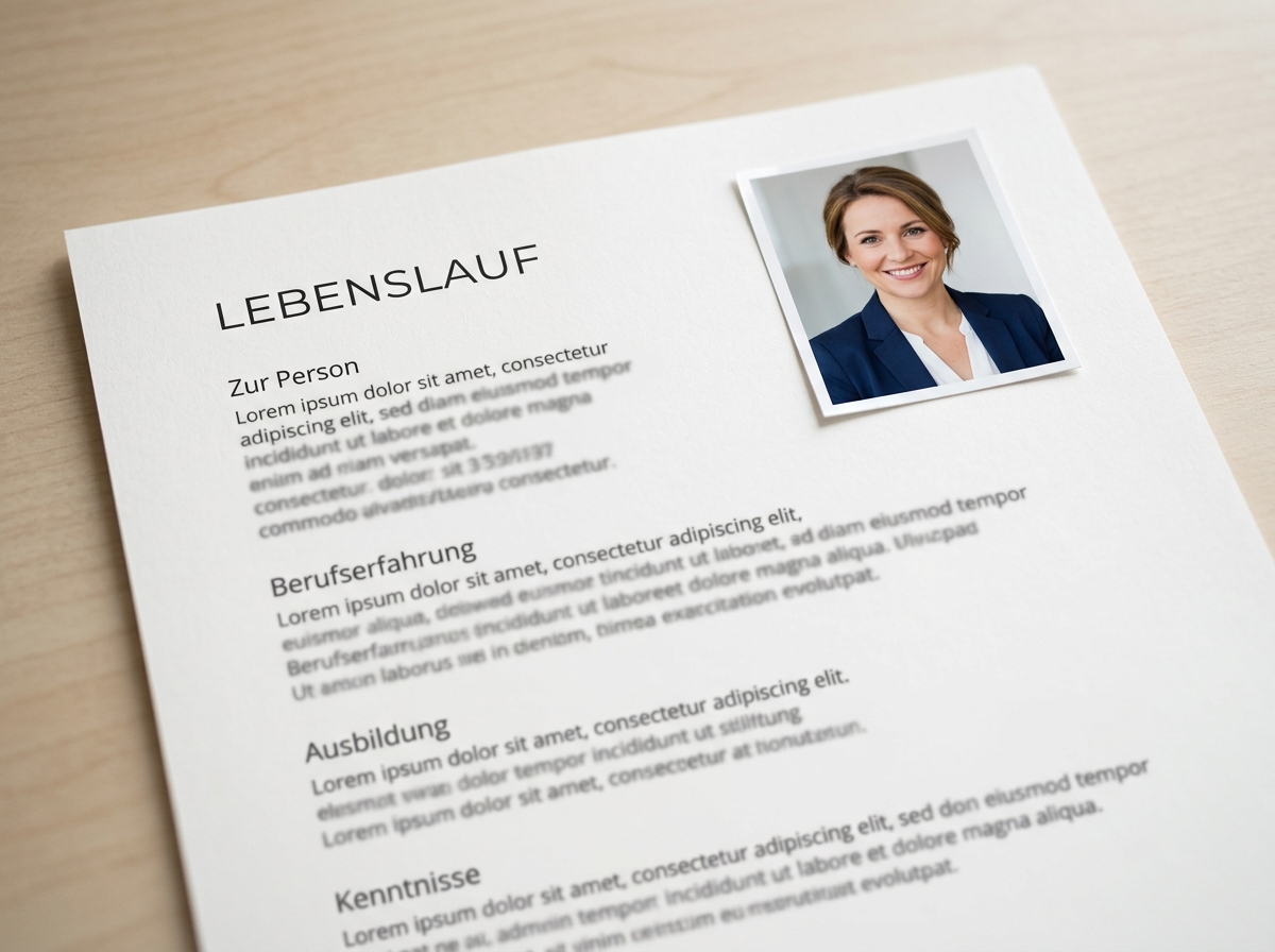 Nahaufnahme der oberen rechten Ecke eines Lebenslaufs mit korrekt platziertem Bewerbungsfoto