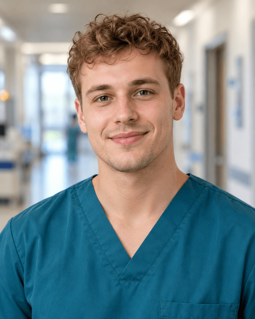 Bewerbungsfoto eines jungen Mannes von etwa dreiundzwanzig Jahren mit kurzen hellbraunen Locken in petrolfarbenem Kasack vor einem unscharfen hellen Klinikflur, warm und zugewandt