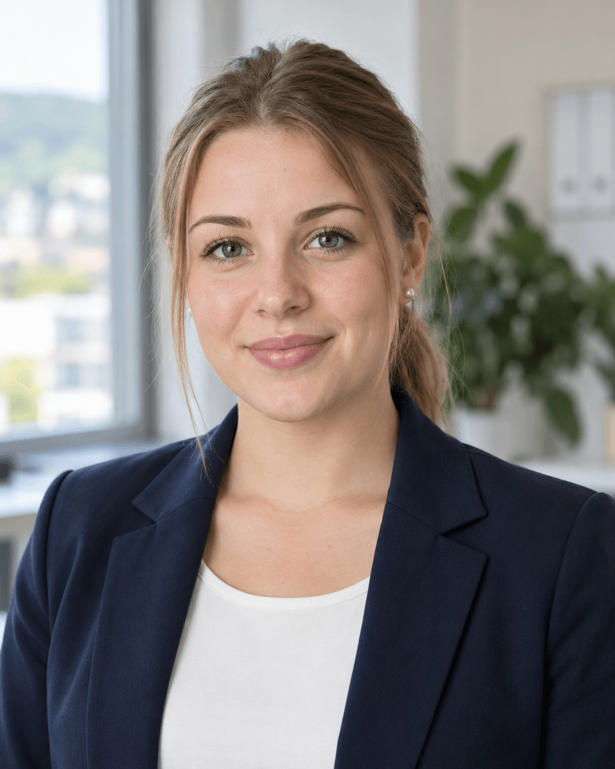 Bewerbungsfoto einer Frau von etwa zwanzig Jahren mit zurückgebundenem dunkelblondem Haar in hellem marineblauem Blazer über weißem Oberteil vor einem unscharfen hellen Büro mit Fenster und Pflanze, ruhig und freundlich