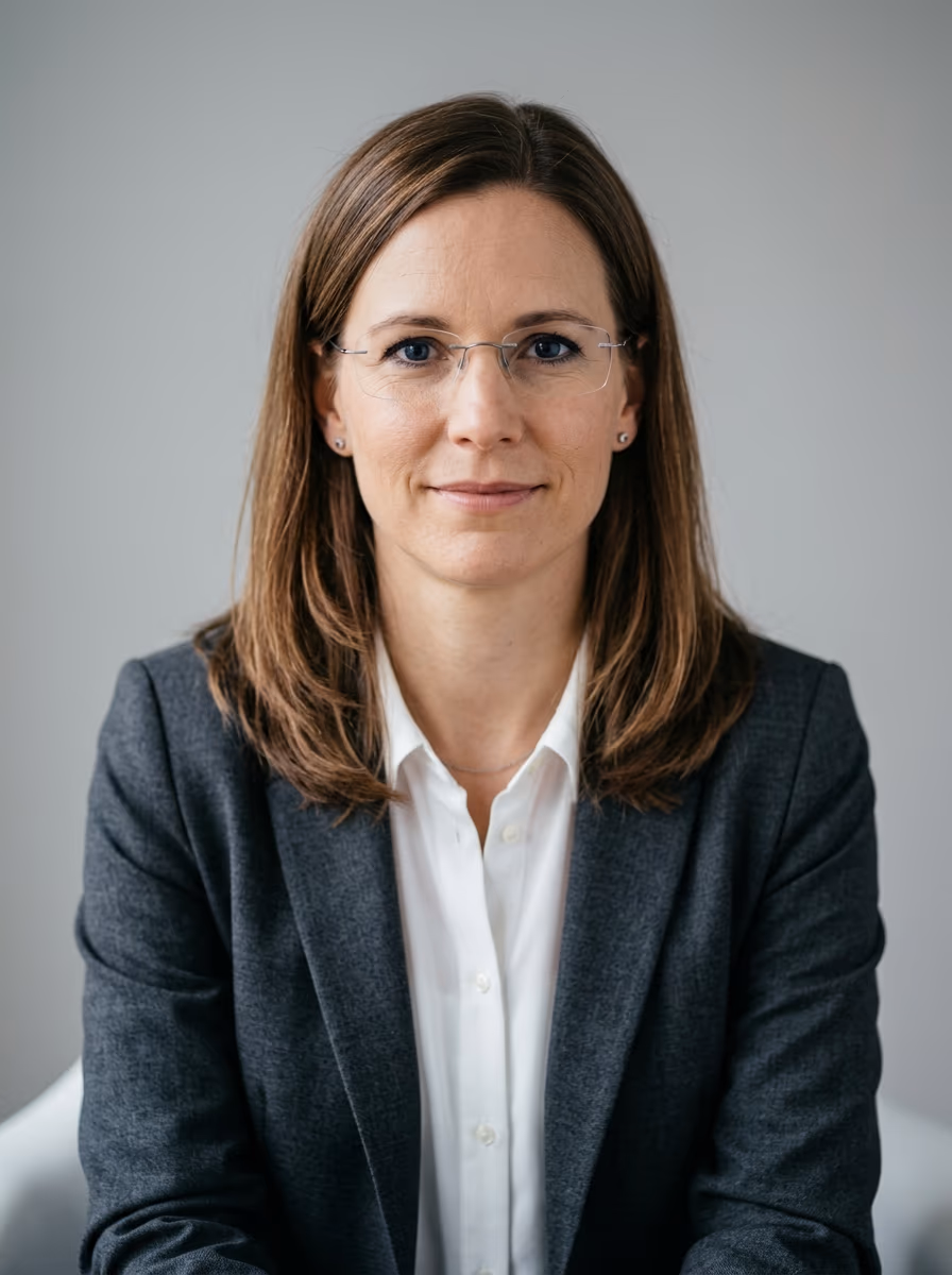 Bewerbungsfoto einer Frau mit dünner randloser Metallbrille