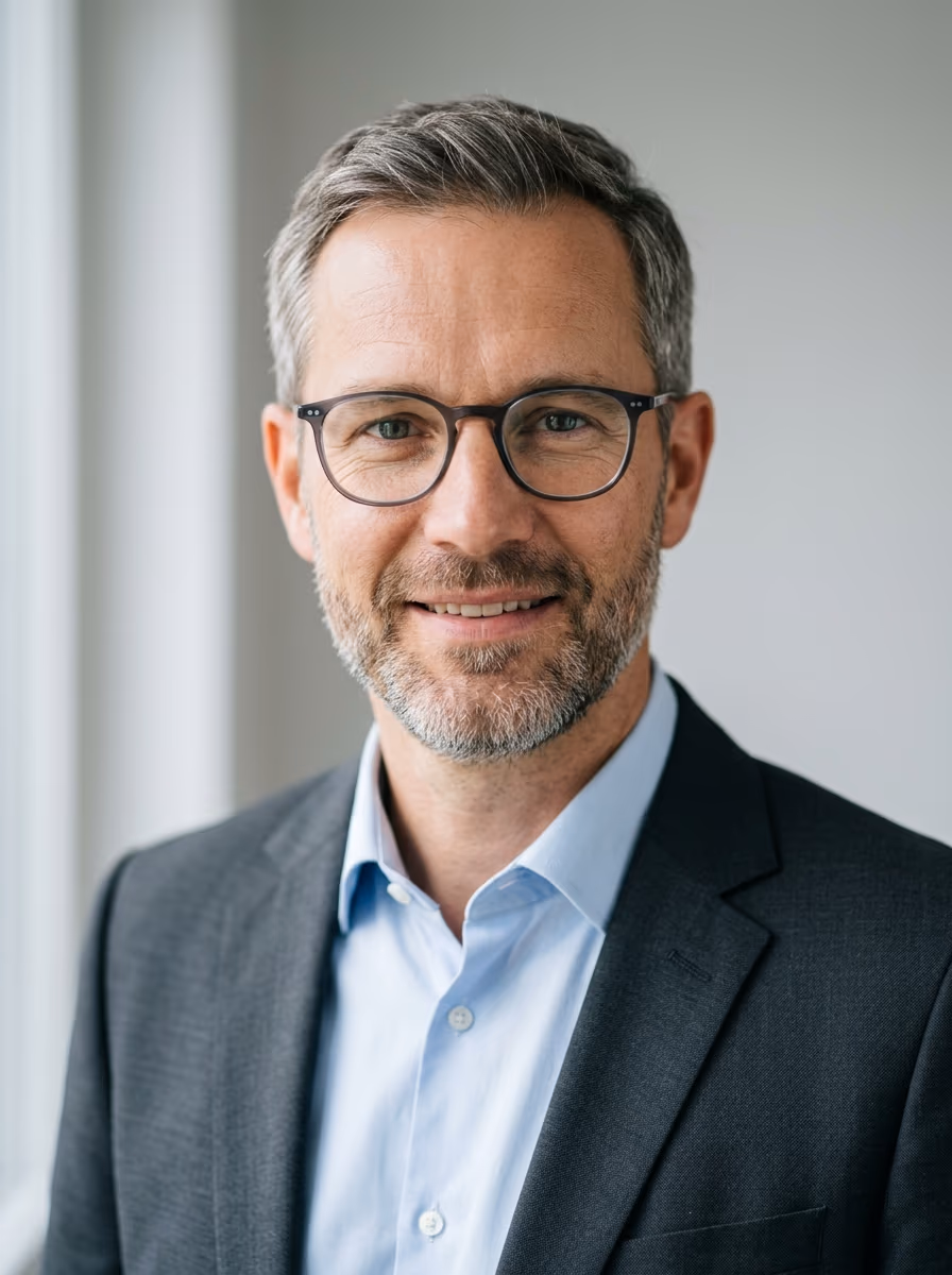 Bewerbungsfoto eines Mannes mit schmaler rechteckiger Brille