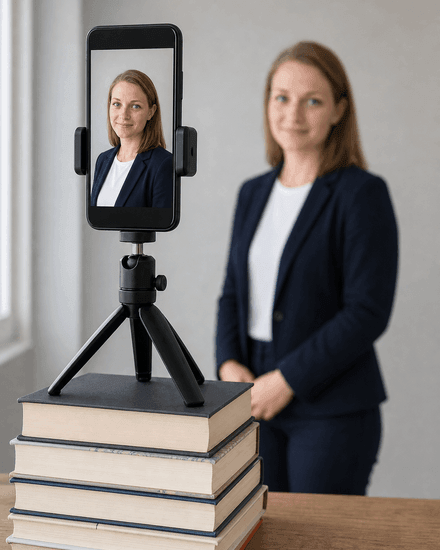 Smartphone auf einem kleinen Stativ auf einem Bücherstapel, im Display der Bildausschnitt von der Brust bis knapp über den Kopf