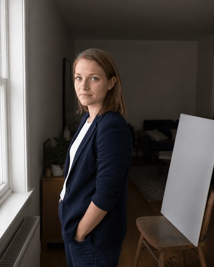 Frau steht seitlich zu einem großen Fenster, weiches Tageslicht von vorne links, weißer Karton als Reflektor auf der Schattenseite