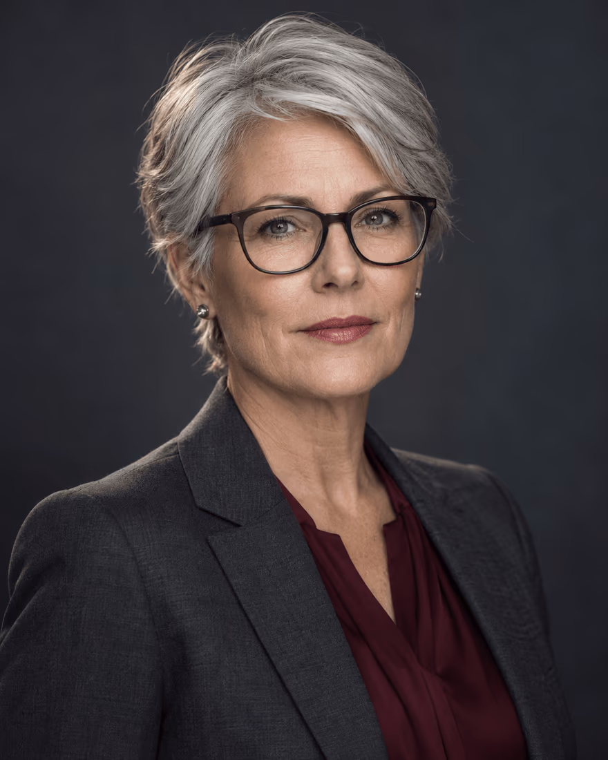 Portrait of a woman with short gray hair and glasses in a charcoal blazer and burgundy top against a dark background