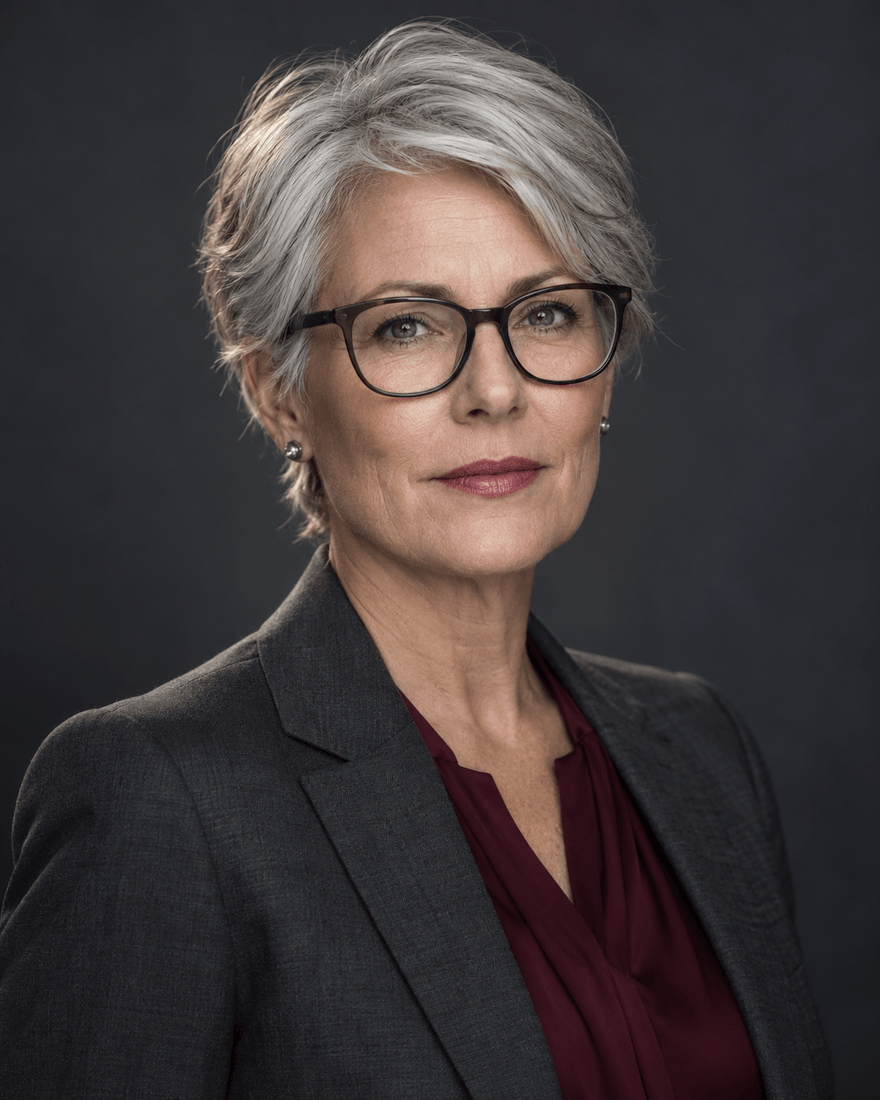 Frau um die 55 mit kurzen silbernen Haaren und dunkler Brille in anthrazitfarbenem Sakko vor dunkelgrauem Hintergrund, ernster, ruhiger Blick