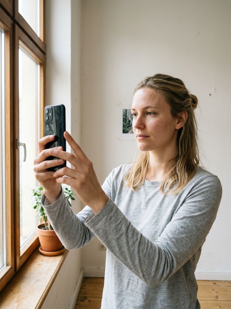 Person macht mehrere einfache Selfies als Ausgangsmaterial für das trainierte KI-Modell