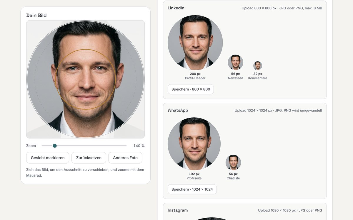 Vergleich der Anzeigegrößen: dasselbe Porträt als Kreis in 200, 56 und 32 Pixel für LinkedIn sowie 192 und 56 Pixel für WhatsApp