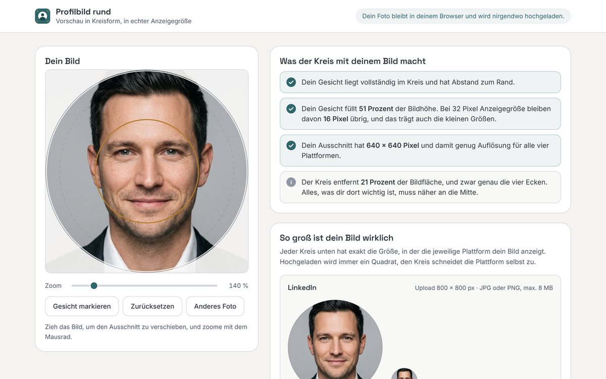 Die Erweiterung zeigt ein Bewerbungsfoto als runden Ausschnitt, daneben vier grüne Prüfmeldungen zu Zuschnitt, Kopfgröße und Auflösung
