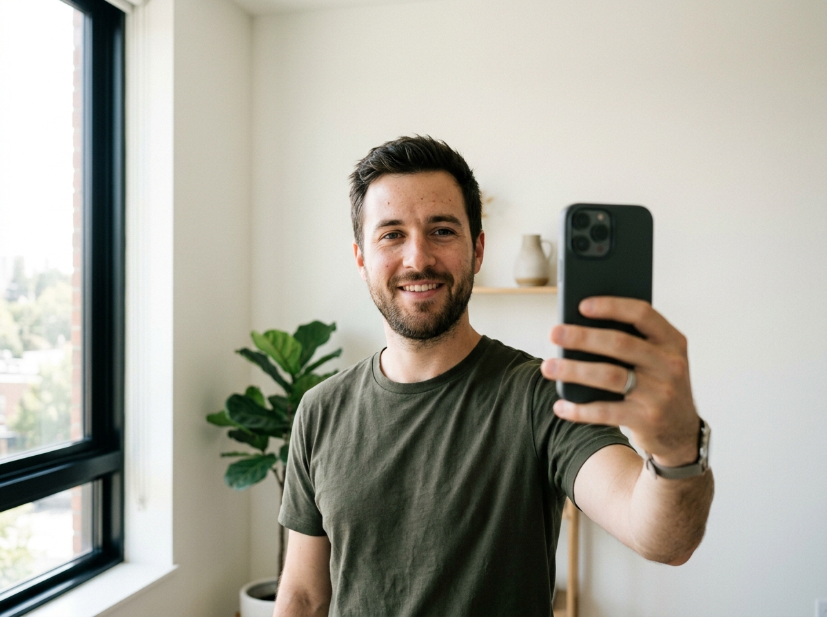 Person macht ein entspanntes Selfie zuhause als Ausgangsmaterial f&uuml;r das KI-Bewerbungsfoto