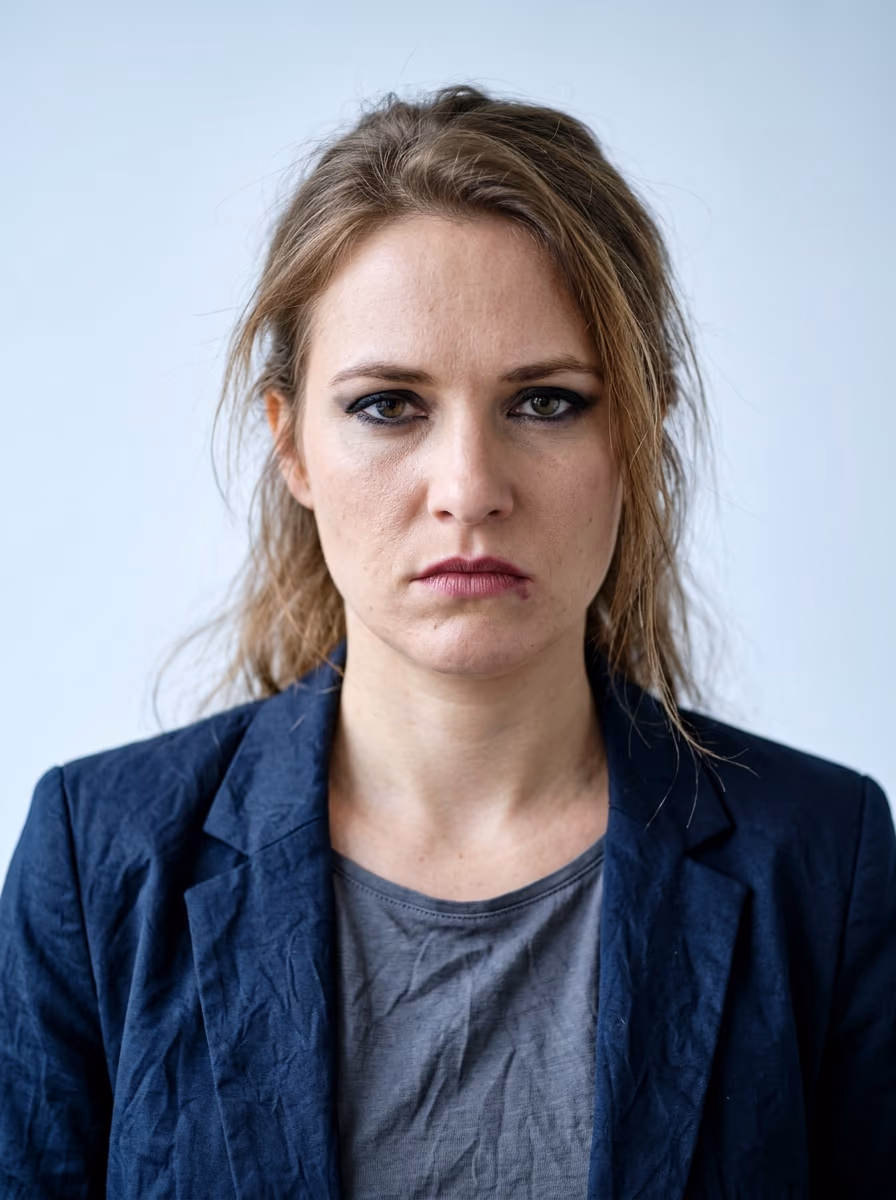 Zu steifes Flugbegleiter-Bewerbungsfoto mit k&uuml;hlem, distanziertem Blick und unordentlichem Erscheinungsbild