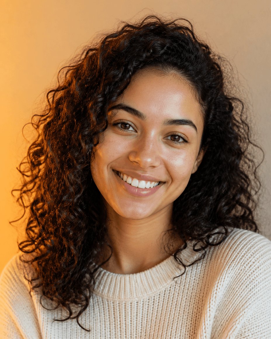 Junge Frau vor heller sandfarbener Wand, ein kürbisoranges Licht färbt eine Gesichtshälfte und die Wand dahinter