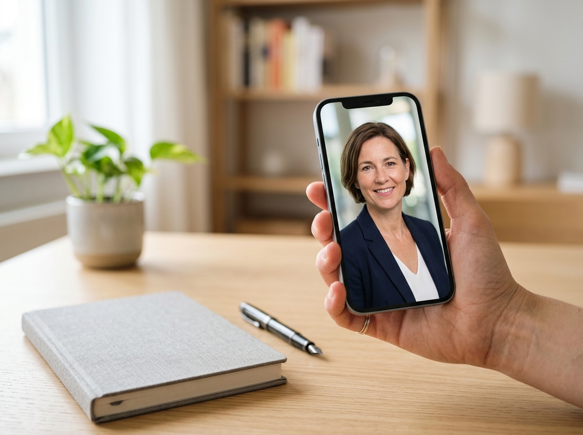 Fertiges professionelles KI-Bewerbungsfoto auf einem Smartphone-Bildschirm