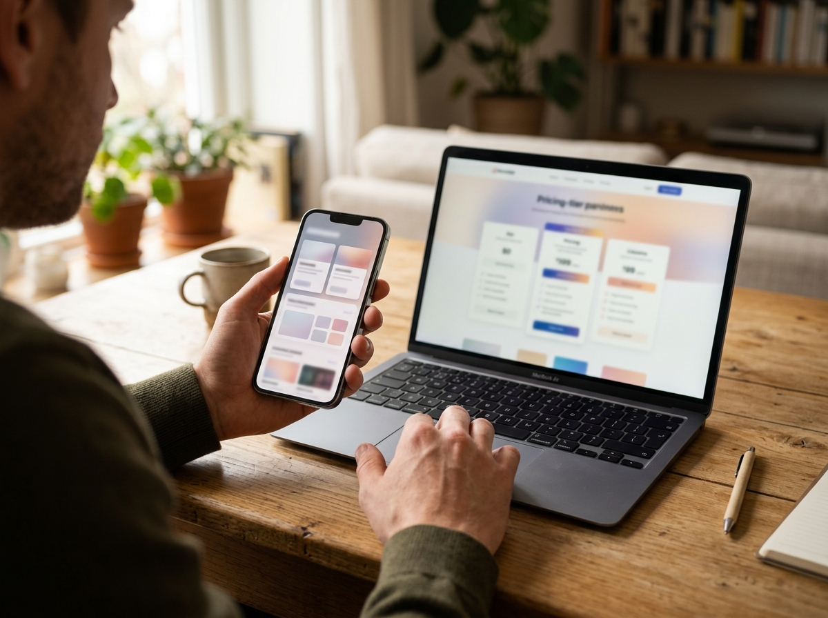 Person vergleicht Fotopakete und Preise auf Smartphone und Laptop nebeneinander