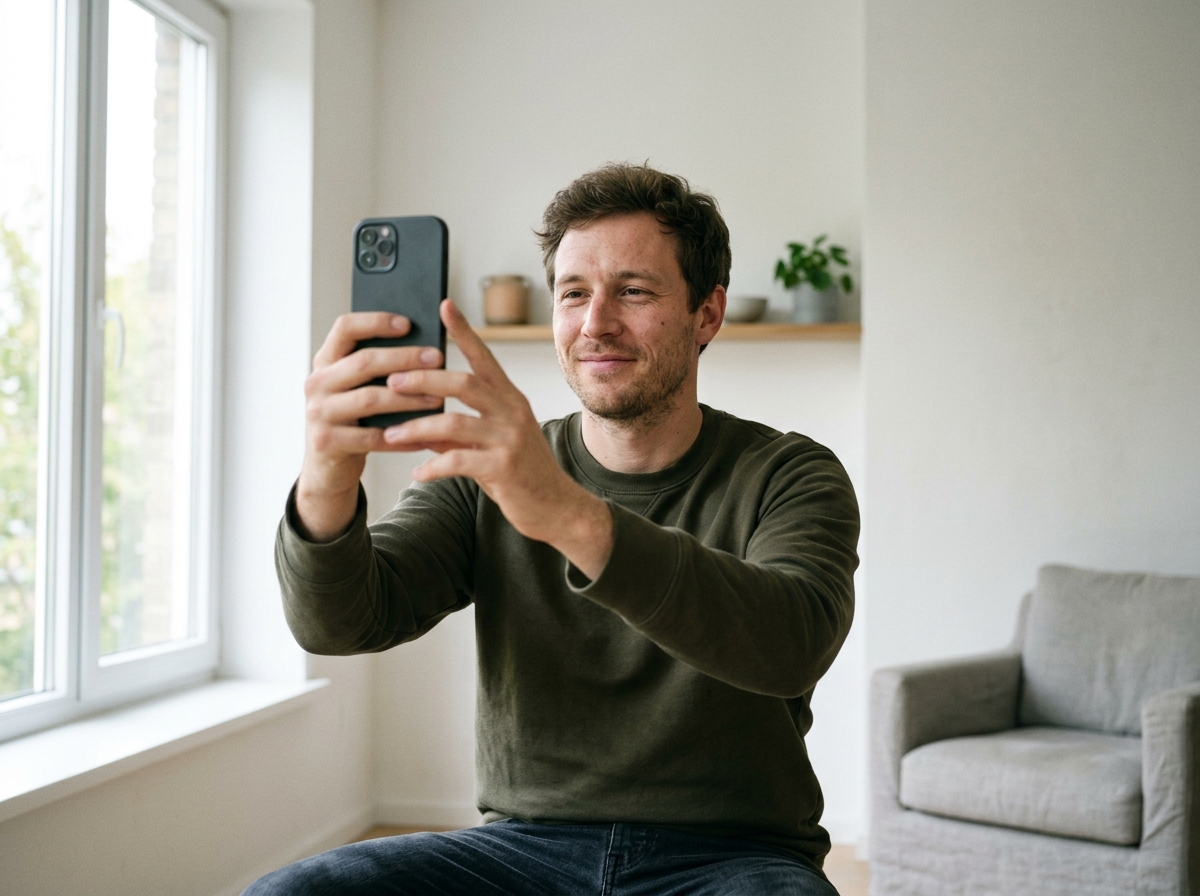 Person macht ein entspanntes Selfie im Wohnzimmer als Ausgangsmaterial f&uuml;r das KI-Bewerbungsfoto