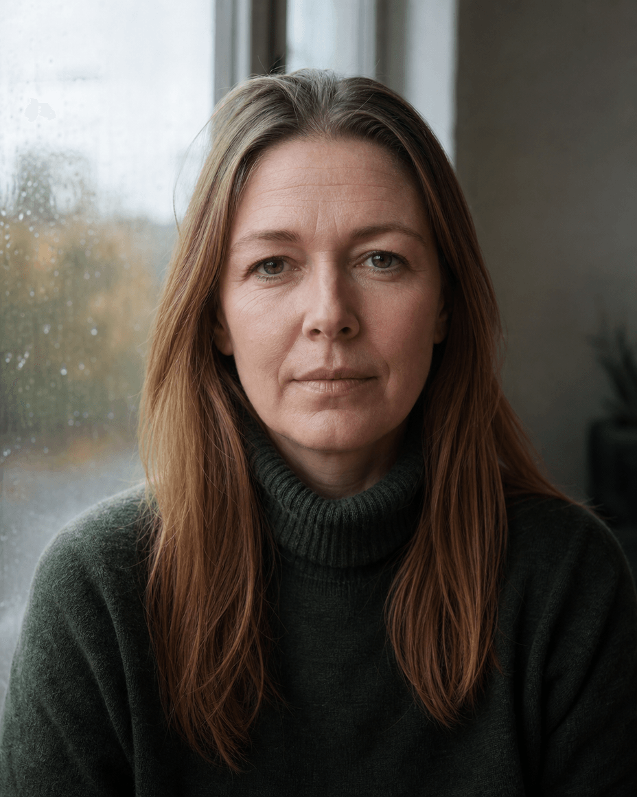 Porträt einer Frau am Fenster an einem Regentag, weiches Seitenlicht von links