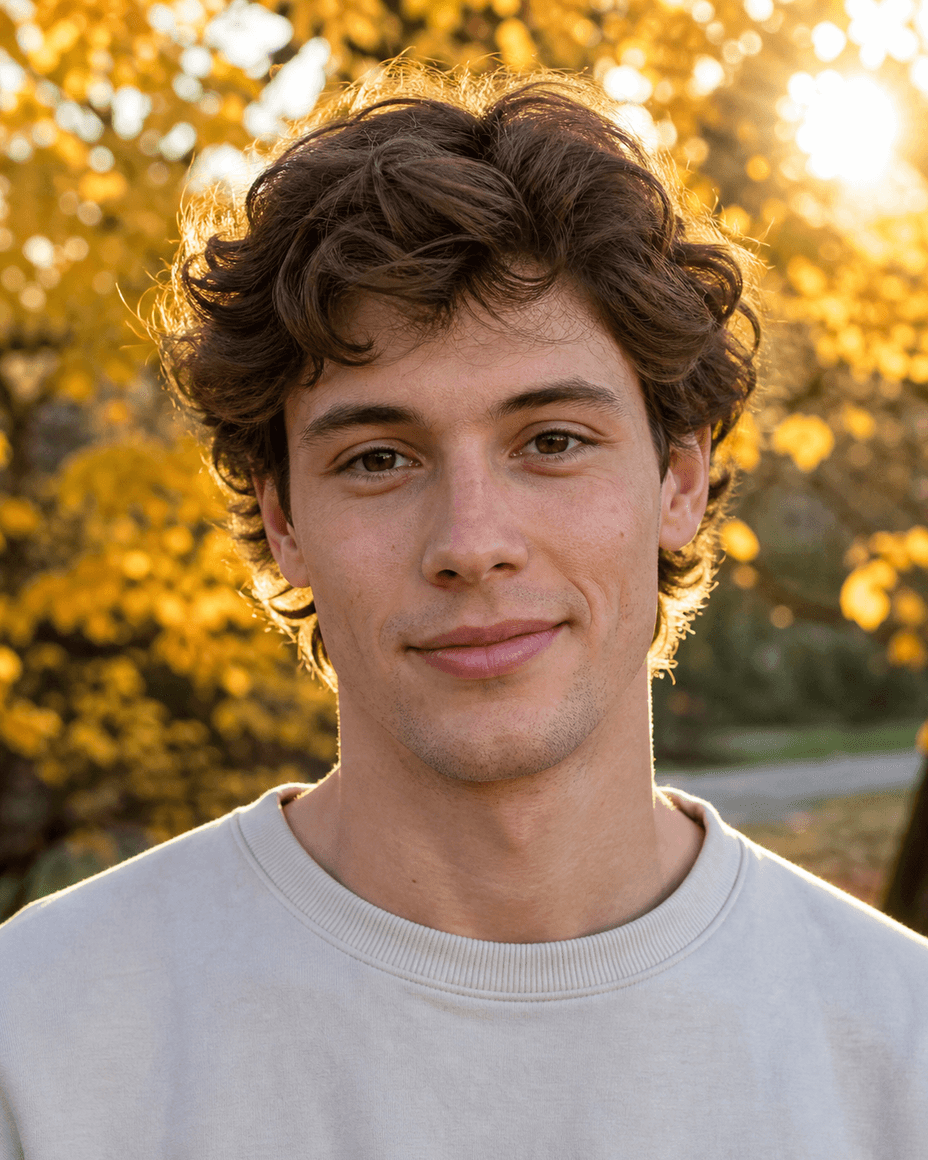 Porträt eines jungen Mannes mit der tiefen Herbstsonne im Rücken und hellem Lichtsaum im Haar