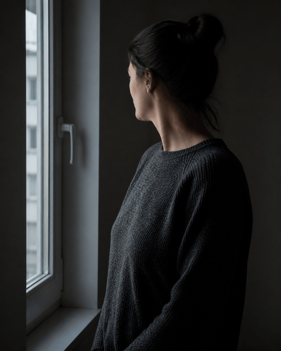 Frau am Fenster, dreiviertel abgewandt, nur die Kontur von Wange und Schulter liegt im Licht