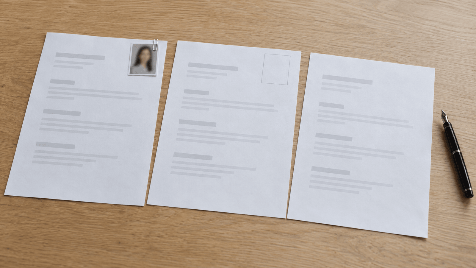 Drei leere Lebenslauf-Blätter nebeneinander auf einem hellen Holztisch: am linken steckt ein kleines Porträtfoto mit einer Büroklammer, auf dem mittleren ist nur ein leerer Rahmen für ein Foto gezeichnet, das rechte hat kein Foto