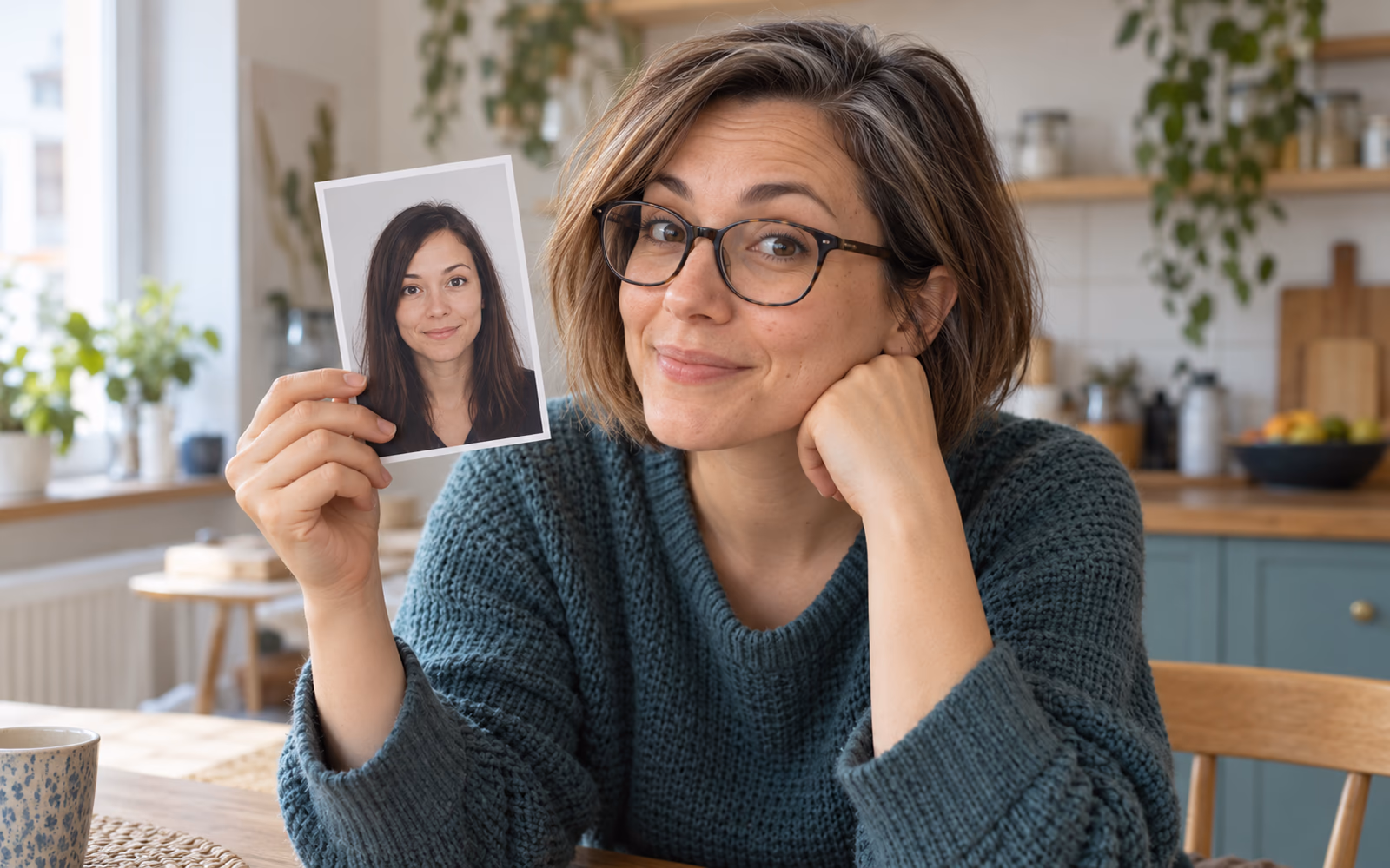 Eine Frau hält ein altes Bewerbungsfoto mit langen dunklen Haaren neben ihr heutiges Gesicht mit Bob und Brille