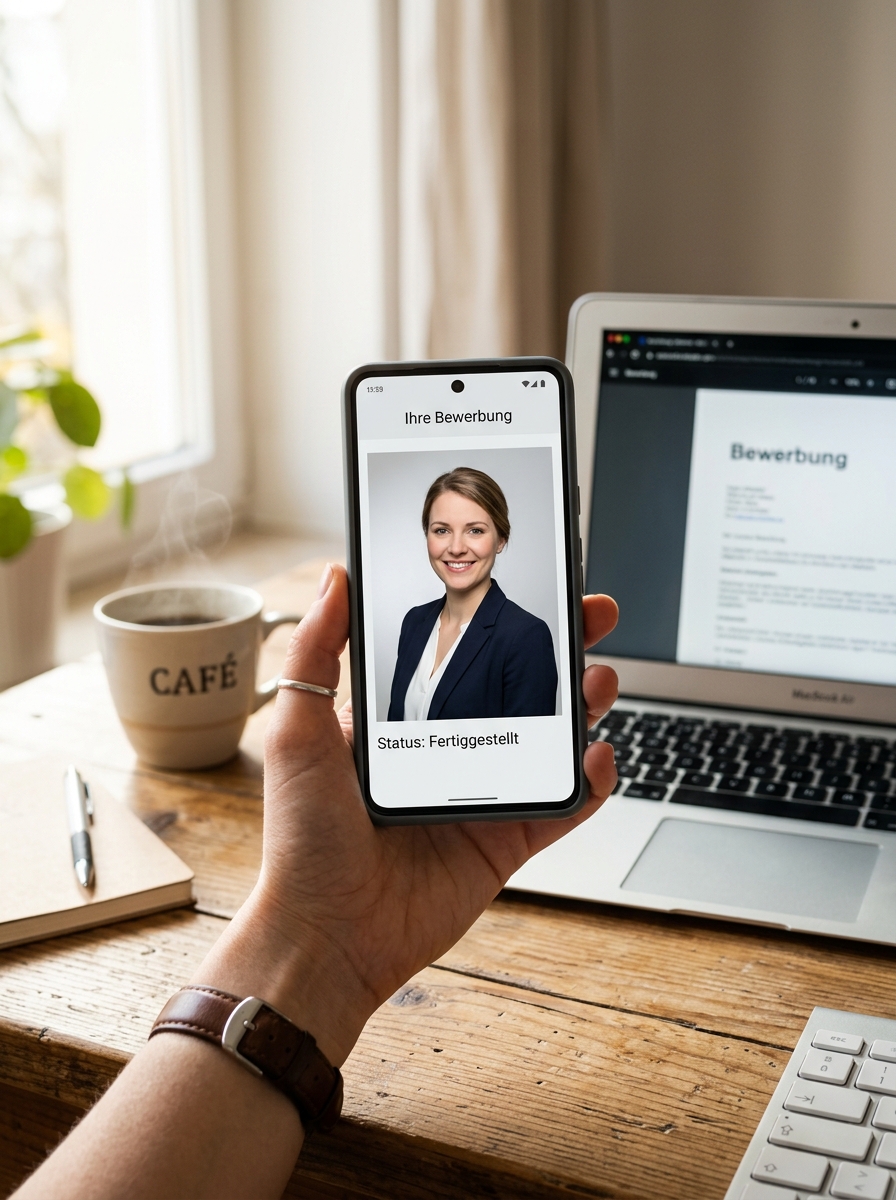 Hand hält ein Smartphone mit fertigem KI-Bewerbungsfoto einer Frau im Blazer, dahinter Laptop mit Bewerbung und Kaffeetasse