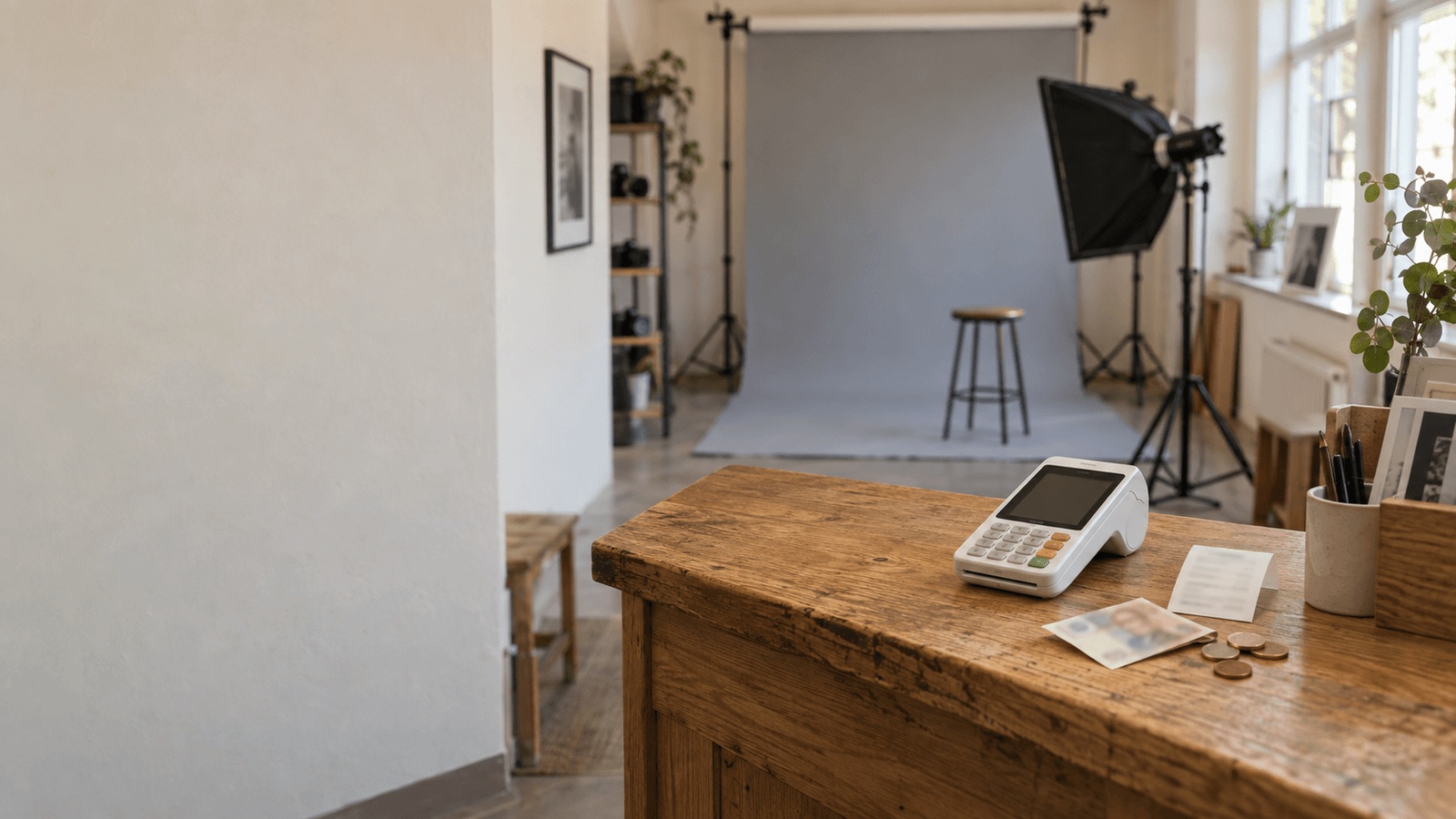 Holztresen eines kleinen Fotostudios: ein weißes Kartenlesegerät, ein paar Euromünzen und ein gefalteter Geldschein, dahinter unscharf ein grauer Papierhintergrund und eine Softbox