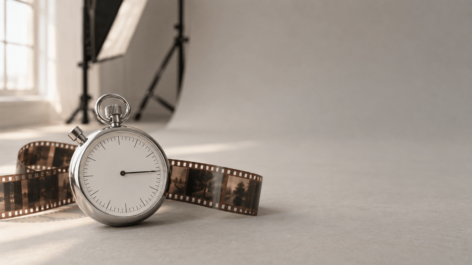 Eine analoge Stoppuhr mit weißem Zifferblatt liegt auf dem hellgrauen Hintergrundkarton eines Fotostudios, daneben ein kurzer Streifen Kleinbildfilm, im Hintergrund unscharf ein Softbox-Stativ