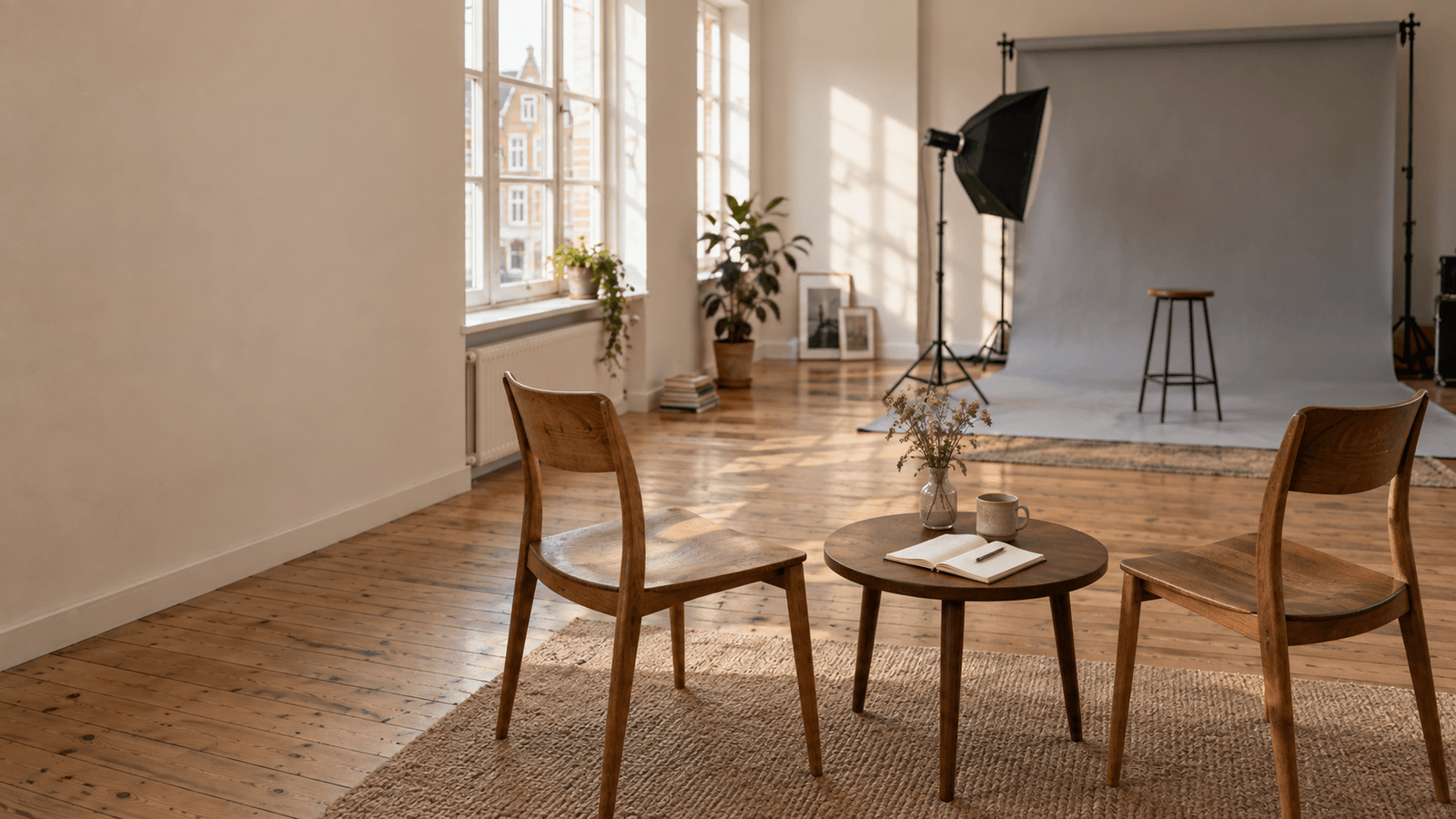 Ecke eines hellen Fotostudios in einem Bremer Altbau: zwei Holzstühle einander gegenüber, dazwischen ein kleiner runder Tisch mit Notizblock und Stift, dahinter unscharf ein grauer Papierhintergrund und eine Softbox