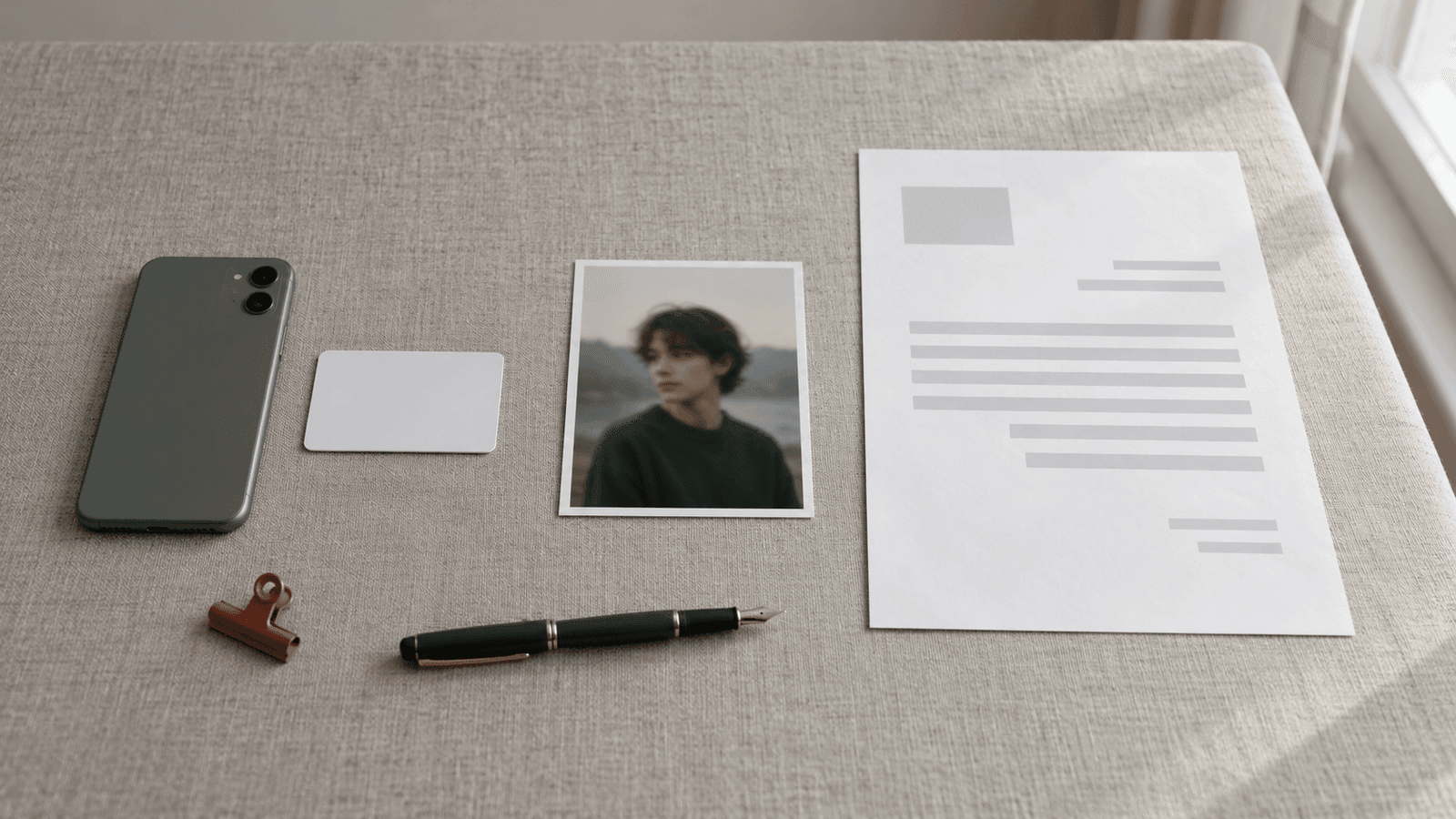 Grauer Leinentisch mit drei Dingen nebeneinander: links ein Smartphone neben einer unbedruckten weißen Karte, in der Mitte ein kleiner Porträtabzug, rechts ein Briefblatt mit leerem grauem Fotofeld oben