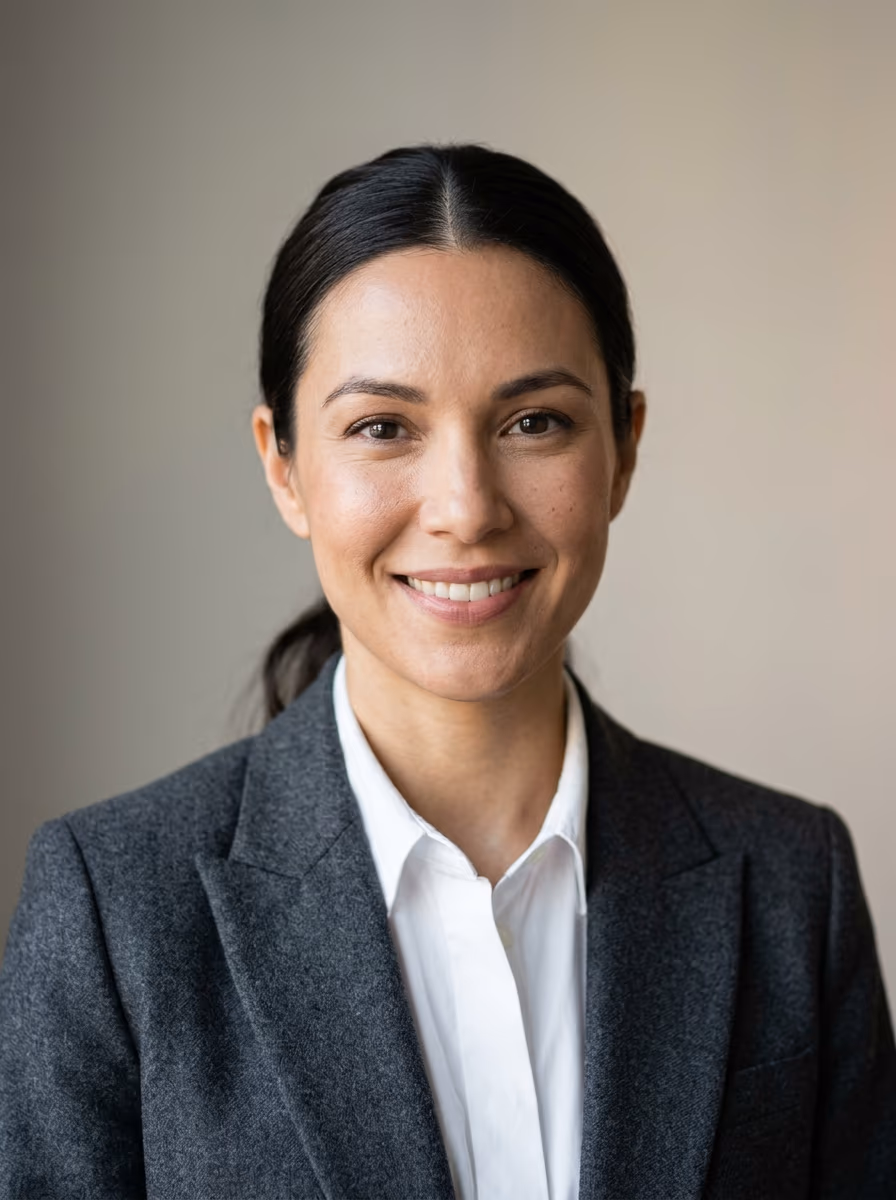 Head-and-shoulders portrait of a smiling woman in a grey blazer and white shirt against a plain wall