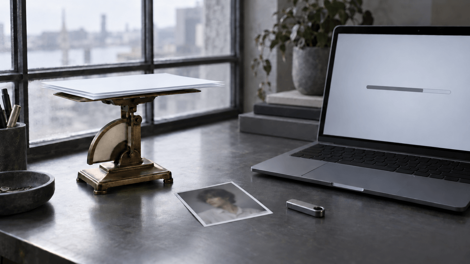 Auf einem dunkelgrauen Stahltisch steht eine kleine Briefwaage aus Messing mit drei weißen Blättern, daneben liegen ein unscharfer Porträtabzug, ein USB-Stick und ein aufgeklappter Laptop mit einem Fortschrittsbalken auf hellem Bildschirm