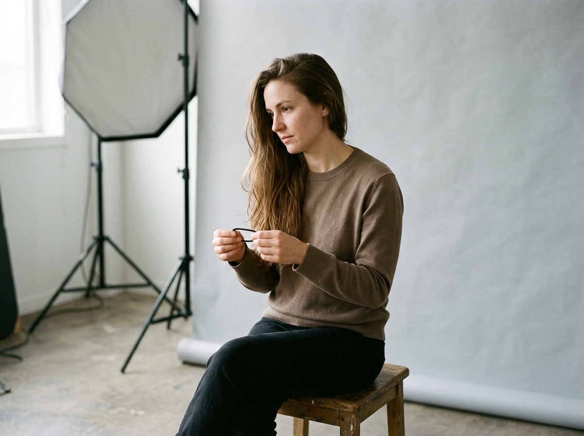 Frau mit offenen Haaren sitzt im Fotostudio und hält ein Haargummi in der Hand, bevor das Bewerbungsfoto entsteht
