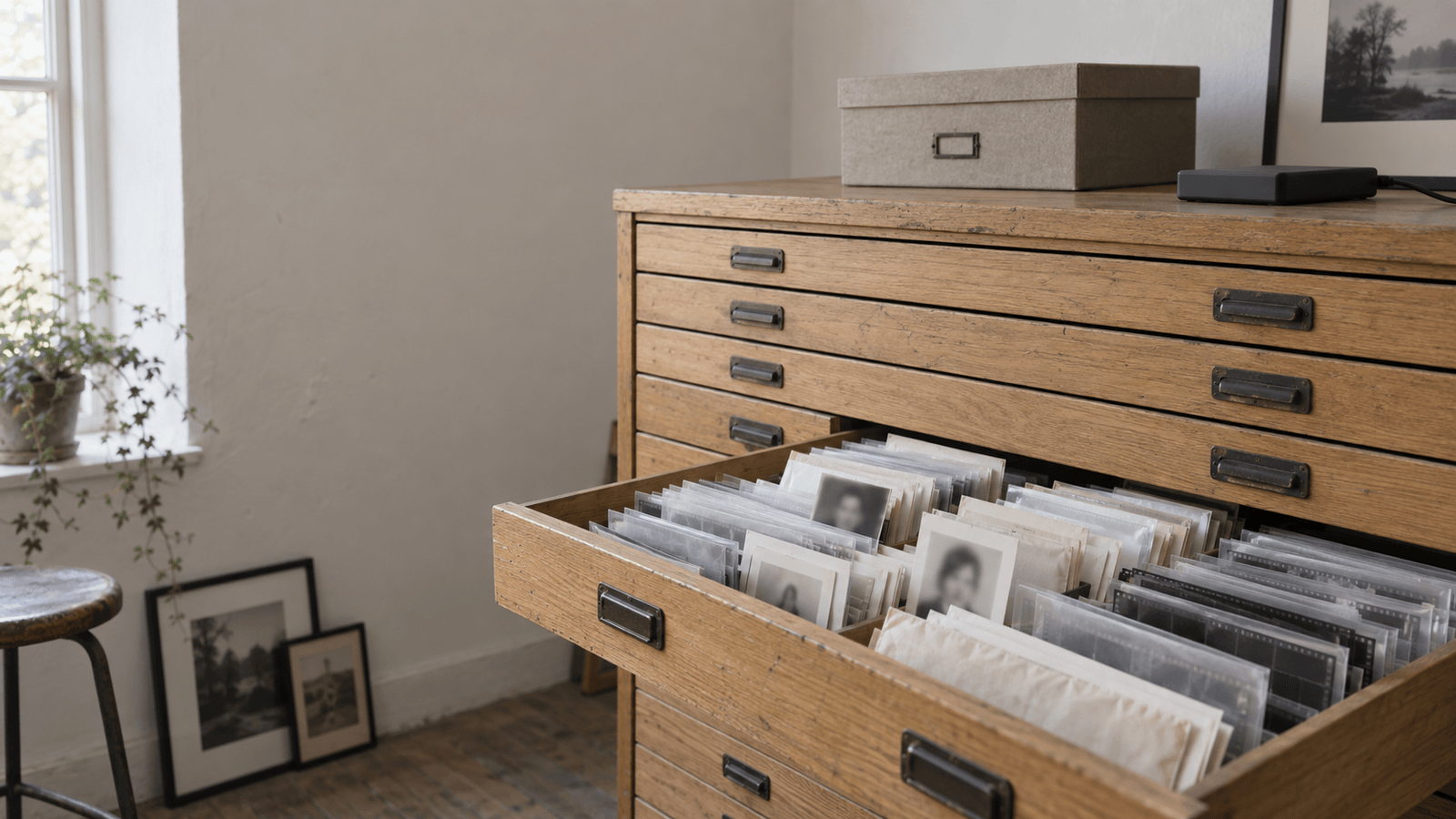 Hinterzimmer eines kleinen Fotostudios: ein Archivschrank aus hellem Holz mit flachen Schubladen, eine ist herausgezogen und voller Papierumschläge und Negativhüllen, dazwischen kleine unscharfe Porträtabzüge