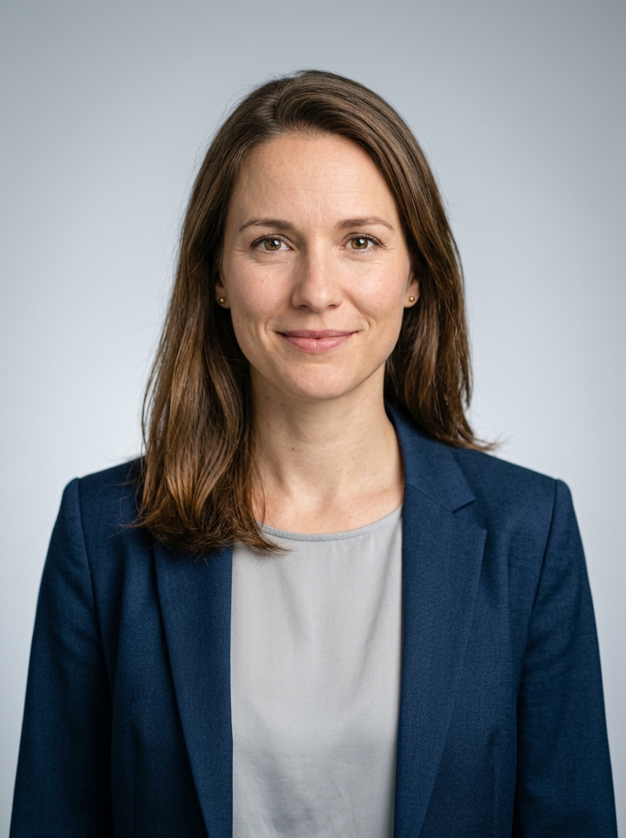 Korrekt zugeschnittenes Bewerbungsfoto einer Frau im Hochformat mit dem richtigen Seitenverhältnis und passendem Kopfabstand vor hellgrauem Hintergrund