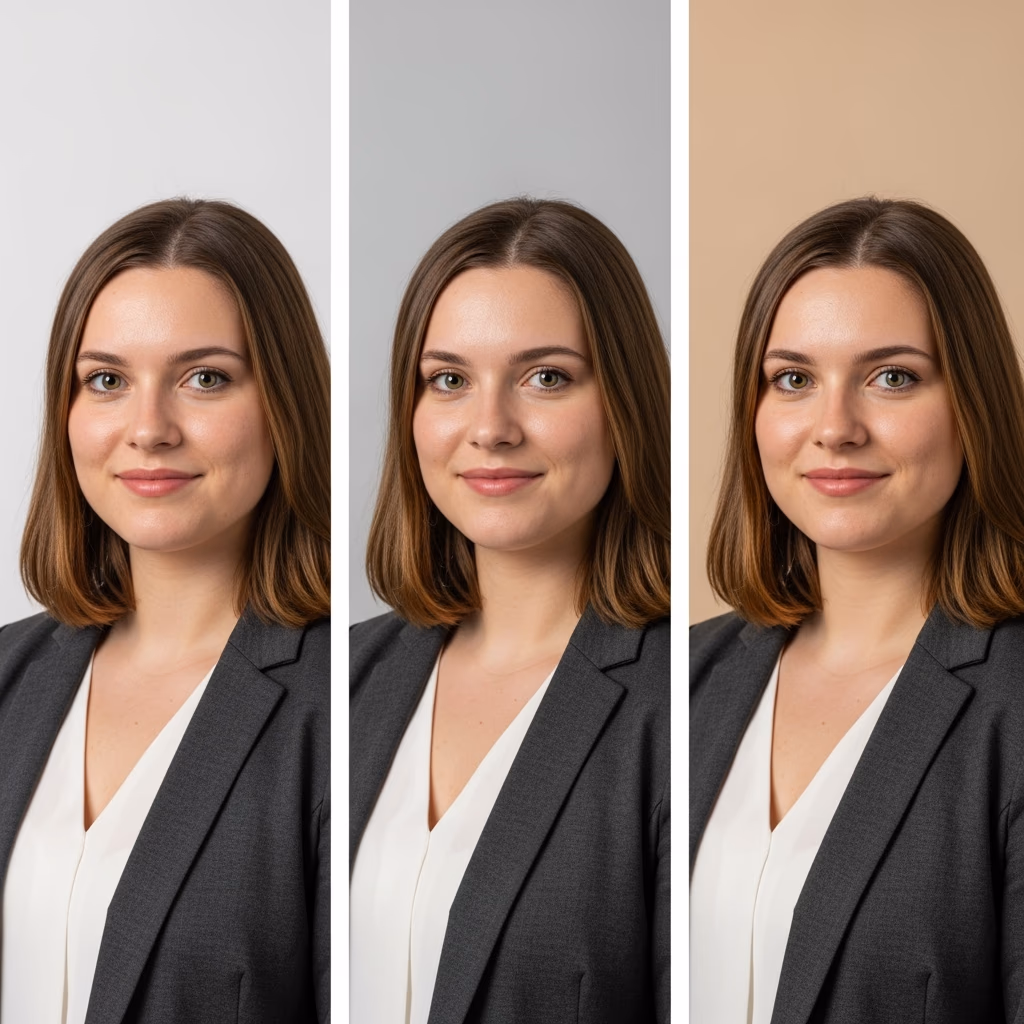 Trois portraits de la même femme en veste grise devant un fond gris très clair, un fond gris moyen et un fond beige, pour comparer l’effet du fond sur une photo de CV