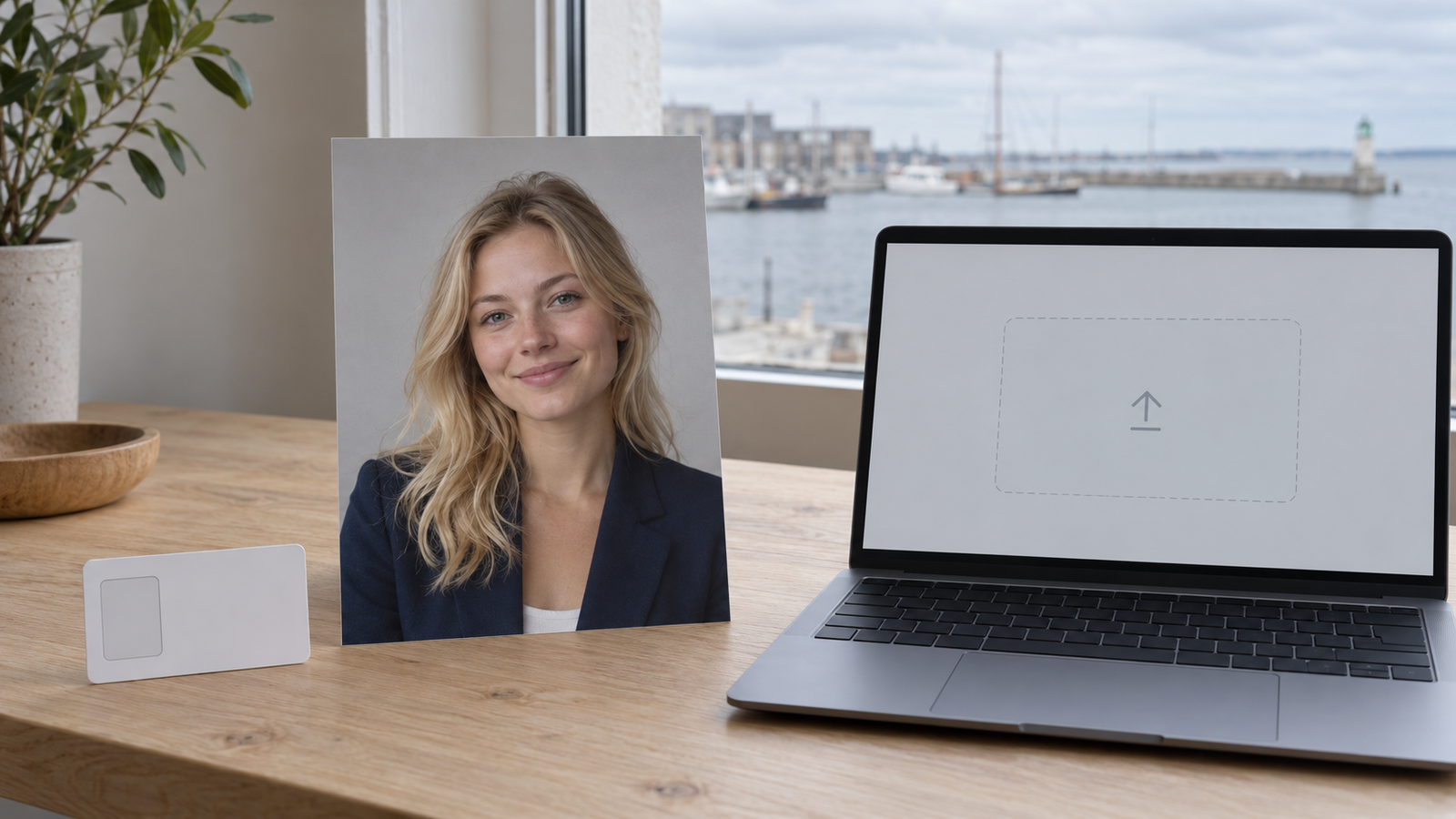 Heller Holztisch am Fenster mit Blick auf einen Hafen: links ein kleiner Studierendenausweis mit leerem Fotofeld, in der Mitte ein großer Porträtabzug einer jungen Frau im marineblauen Blazer, rechts ein Laptop mit grauem Uploadfeld