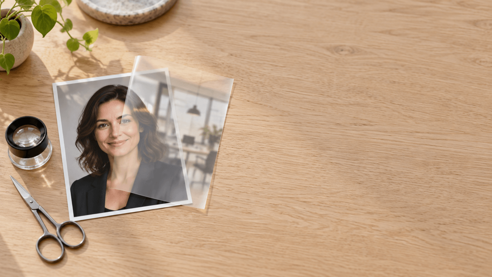 Ein ausgedrucktes Porträtfoto einer Frau im dunklen Blazer vor hellgrauem Grund liegt auf einem hellen Holztisch, darüber eine halb angehobene Klarsichtfolie mit einem unscharfen Büro, daneben eine kleine Schere und eine Lupe